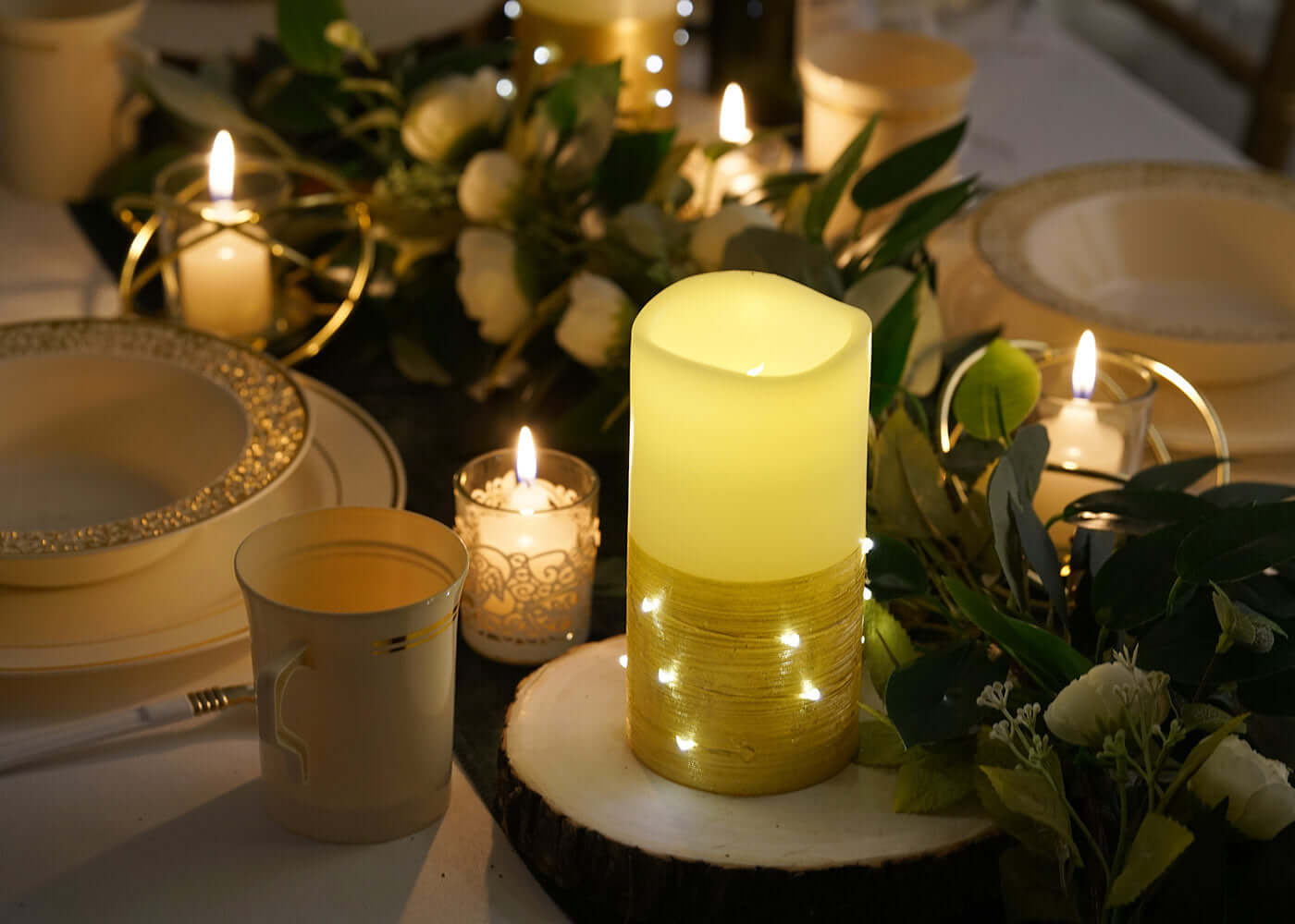Set of 3 LED Flameless Pillar Candles Wrapped with Fairy String Lights Gold - Remote Operated 4", 5", 6"