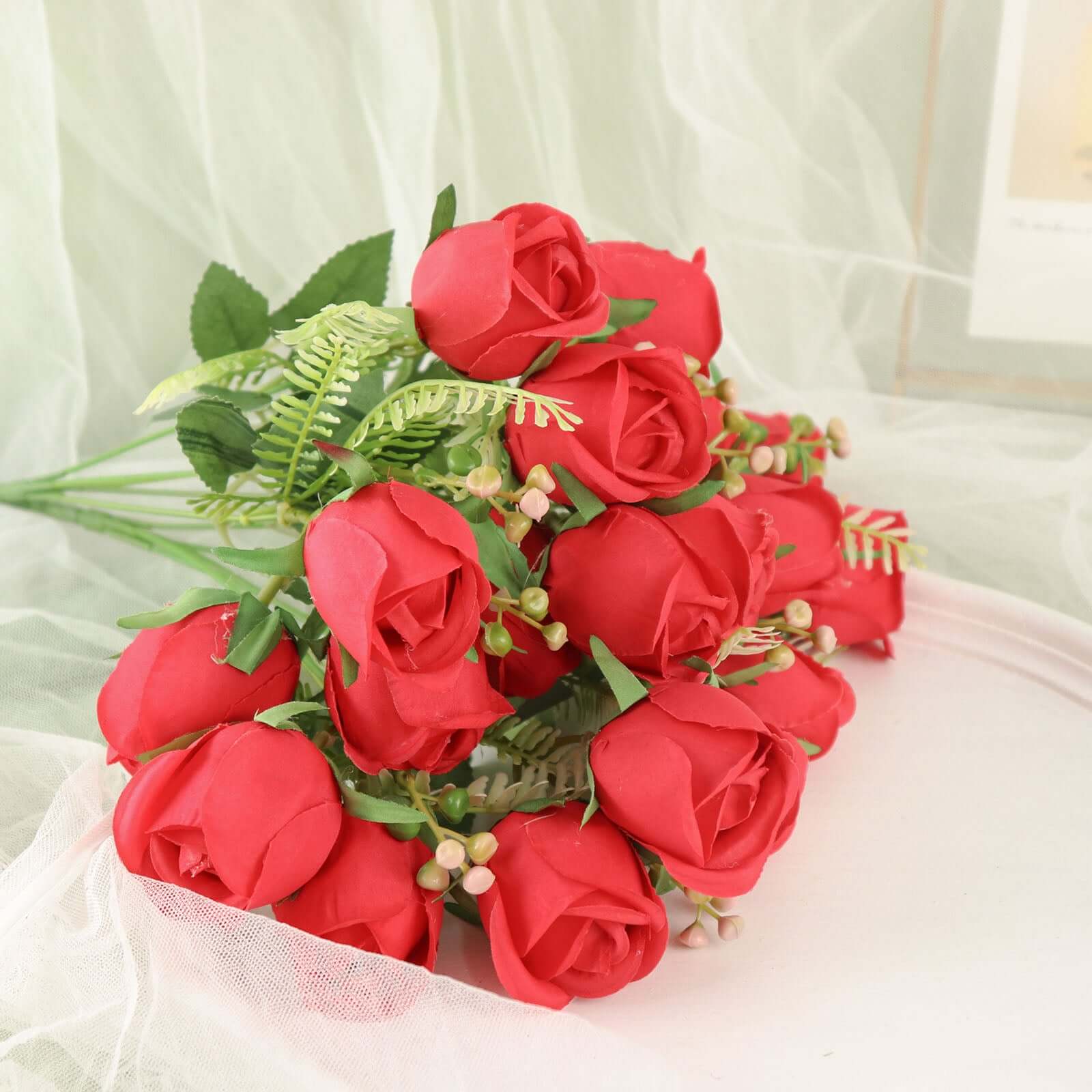 3 Pack 13" Red Real Touch Silk Rose Bud Flower Bridal Bouquets, Artificial Floral Bush Arrangements
