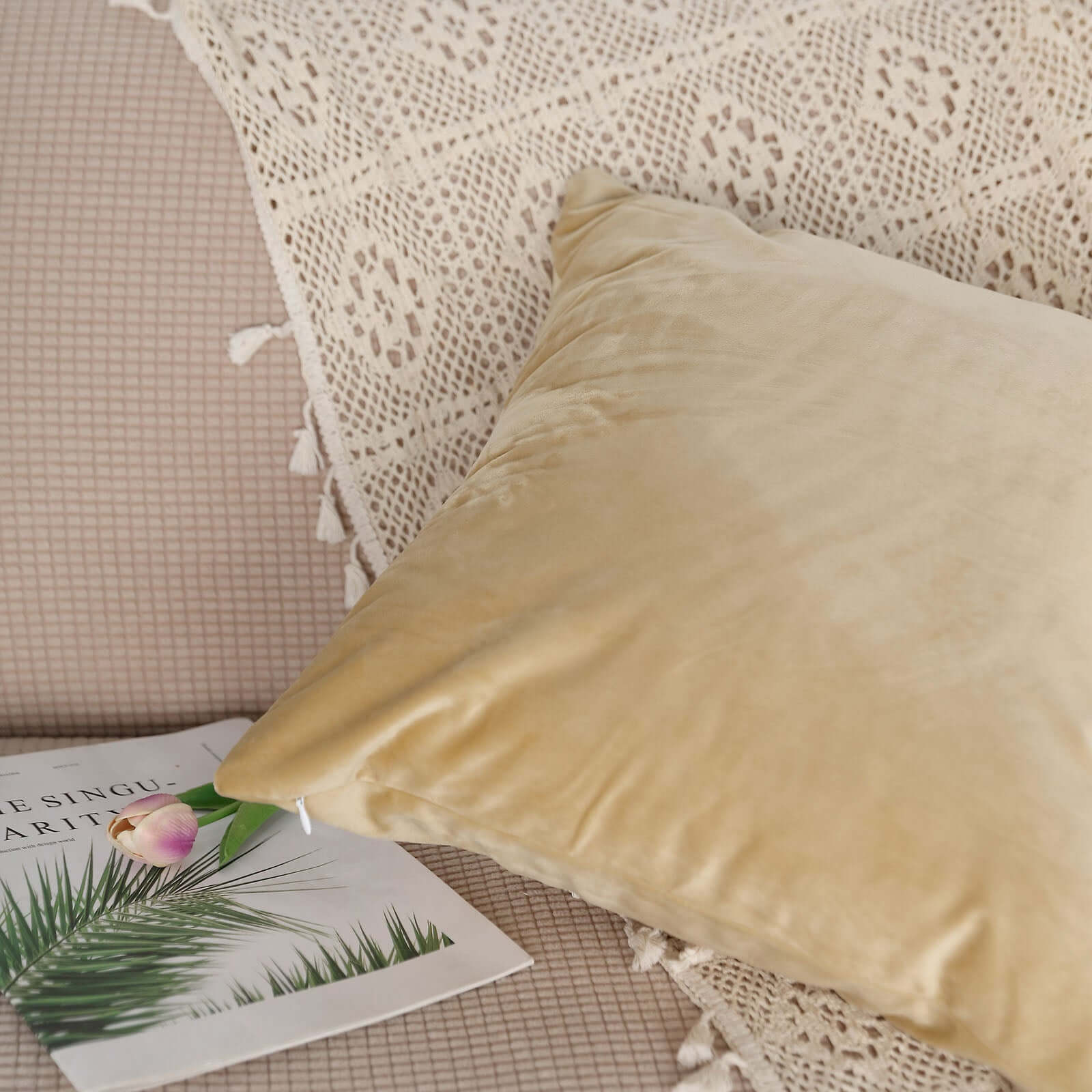 2 Pack 18" Champagne Soft Velvet Square Throw Pillow Cover