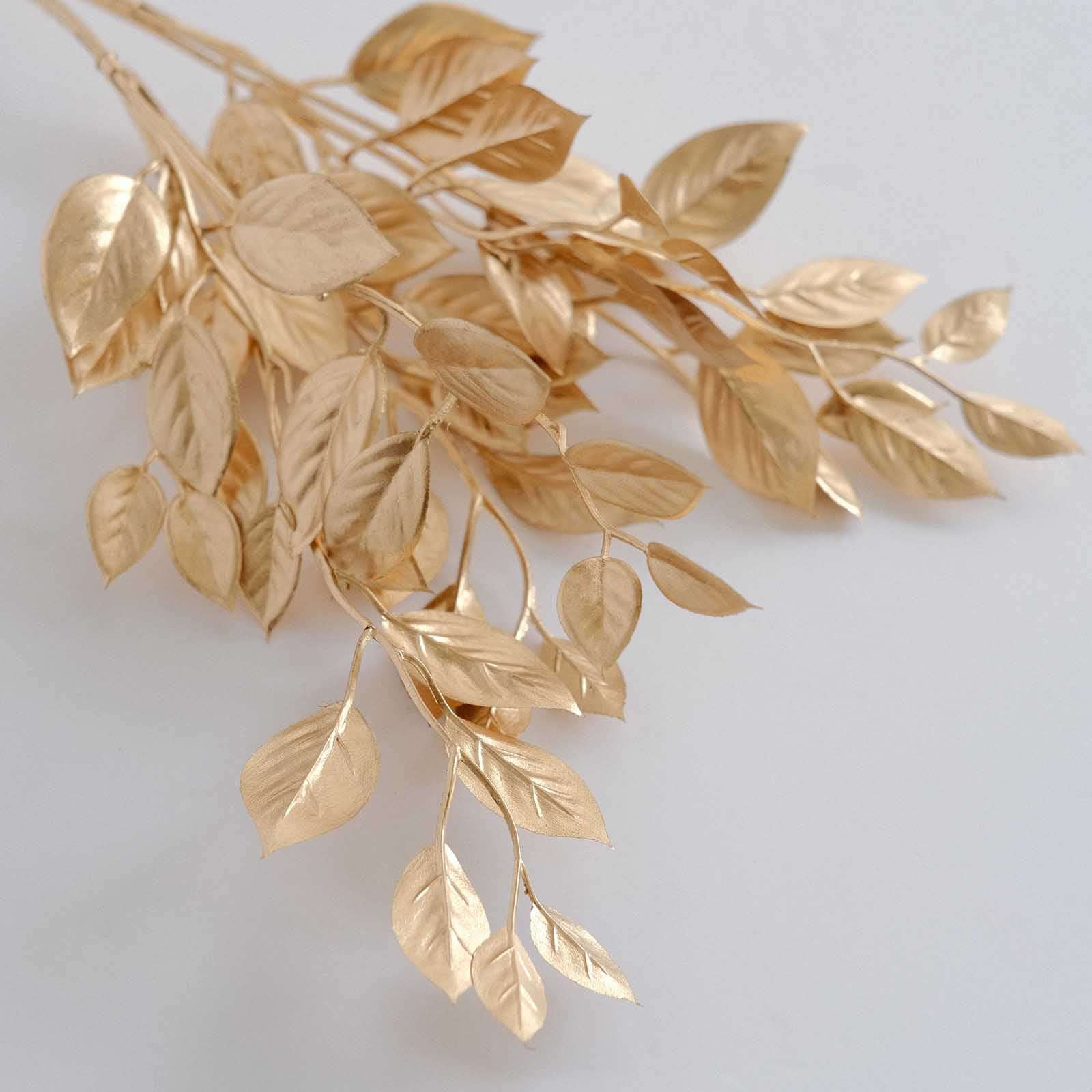 4-Pack Artificial Italian Ruscus Leaves Branches Metallic Gold - Flexible Faux Spray Plant Stem Vase Fillers for Exquisite Tablescapes & Floral Displays 14"