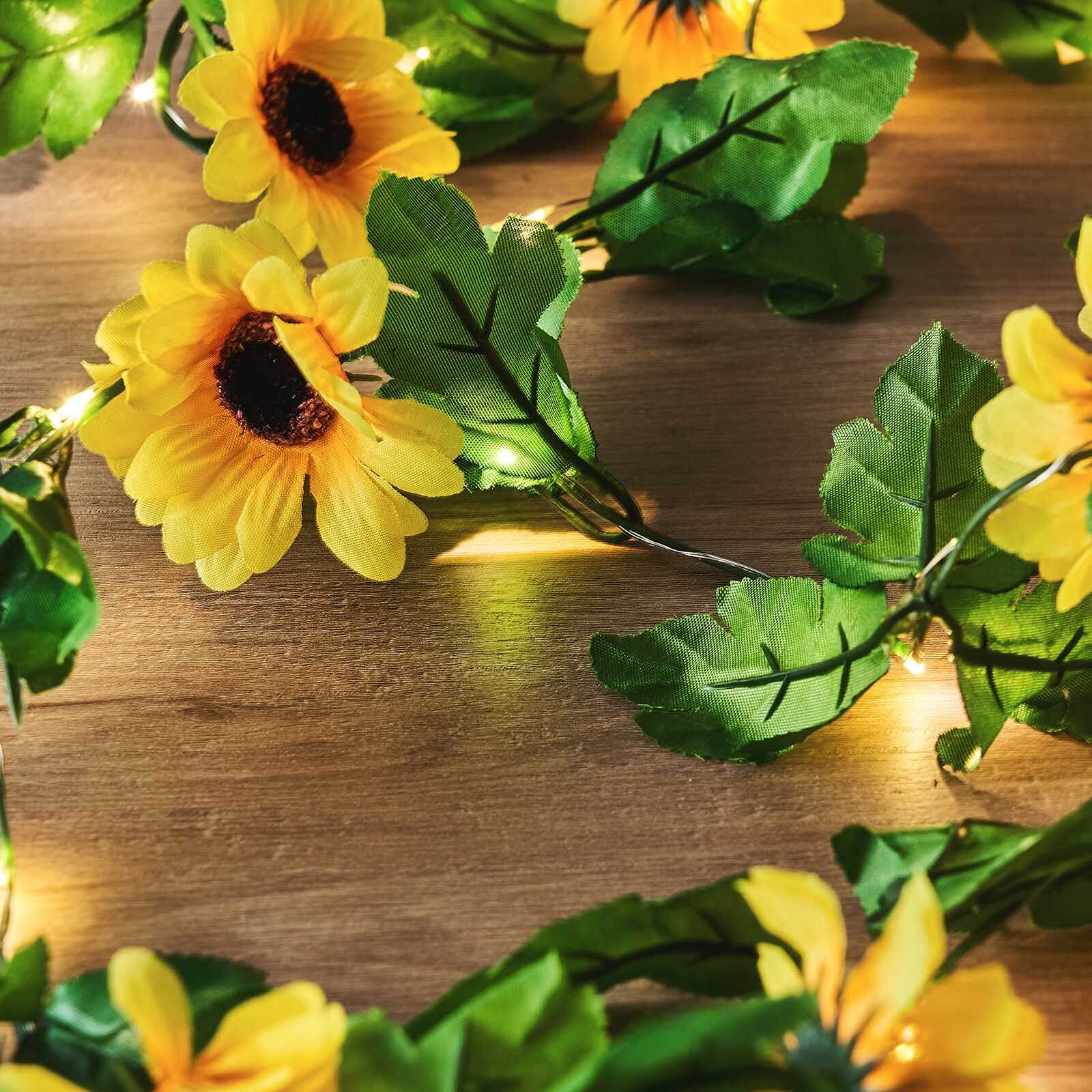 20 LED Garland Vine String Lights Sunflower Design Warm White - Battery Operated Party Accent 8ft