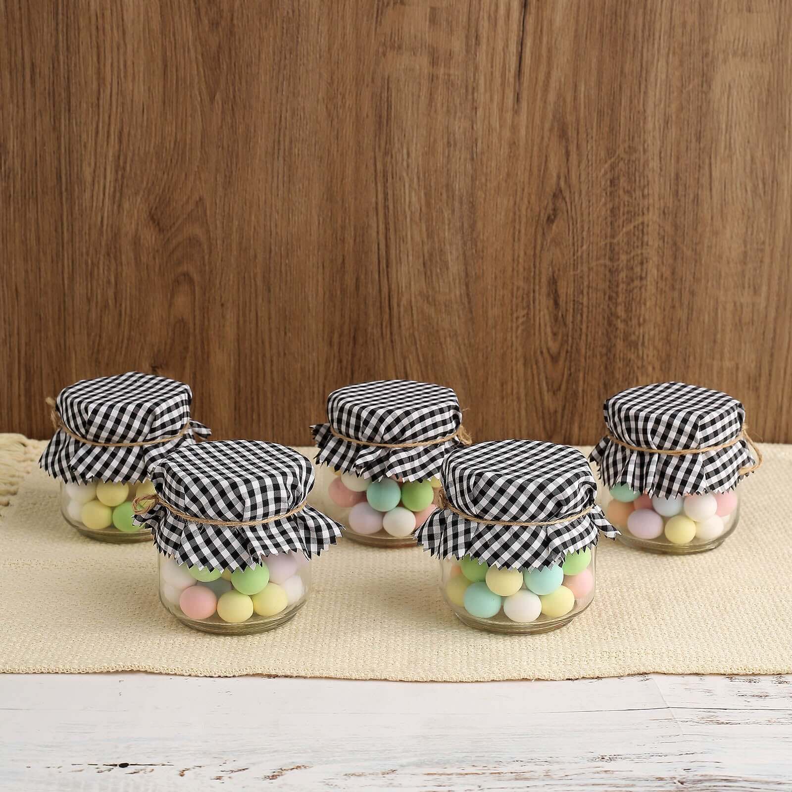 6 Pack 6" Black White Gingham Mason Jar Cloth Lid Covers, Checkered Jam Jar Covers with Jute String
