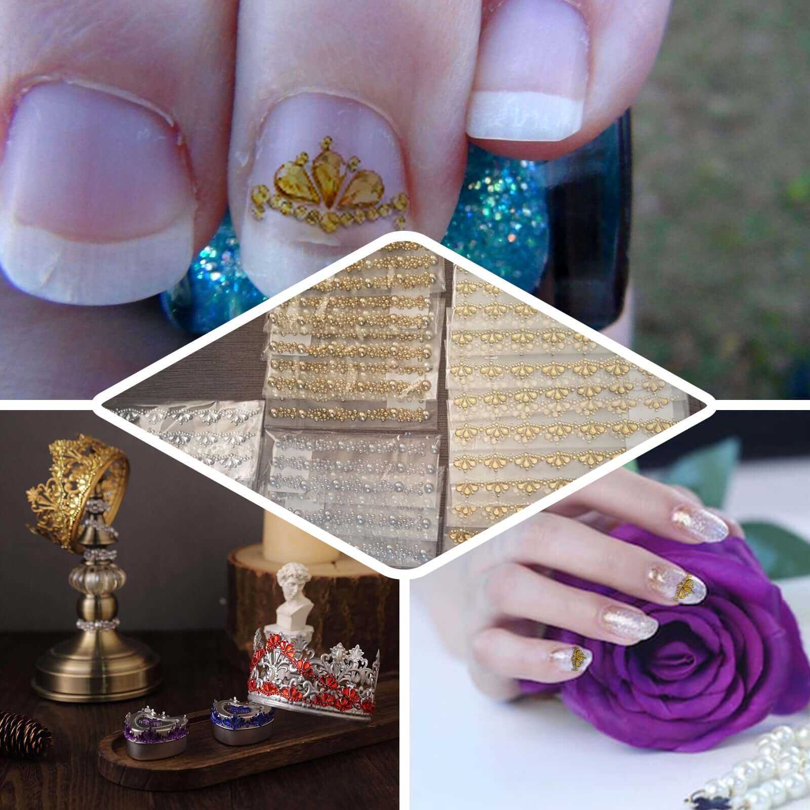 3 Pack Stick-On Diamond Rhinestone Gems, Gold Self Adhesive Crown DIY Craft Stickers