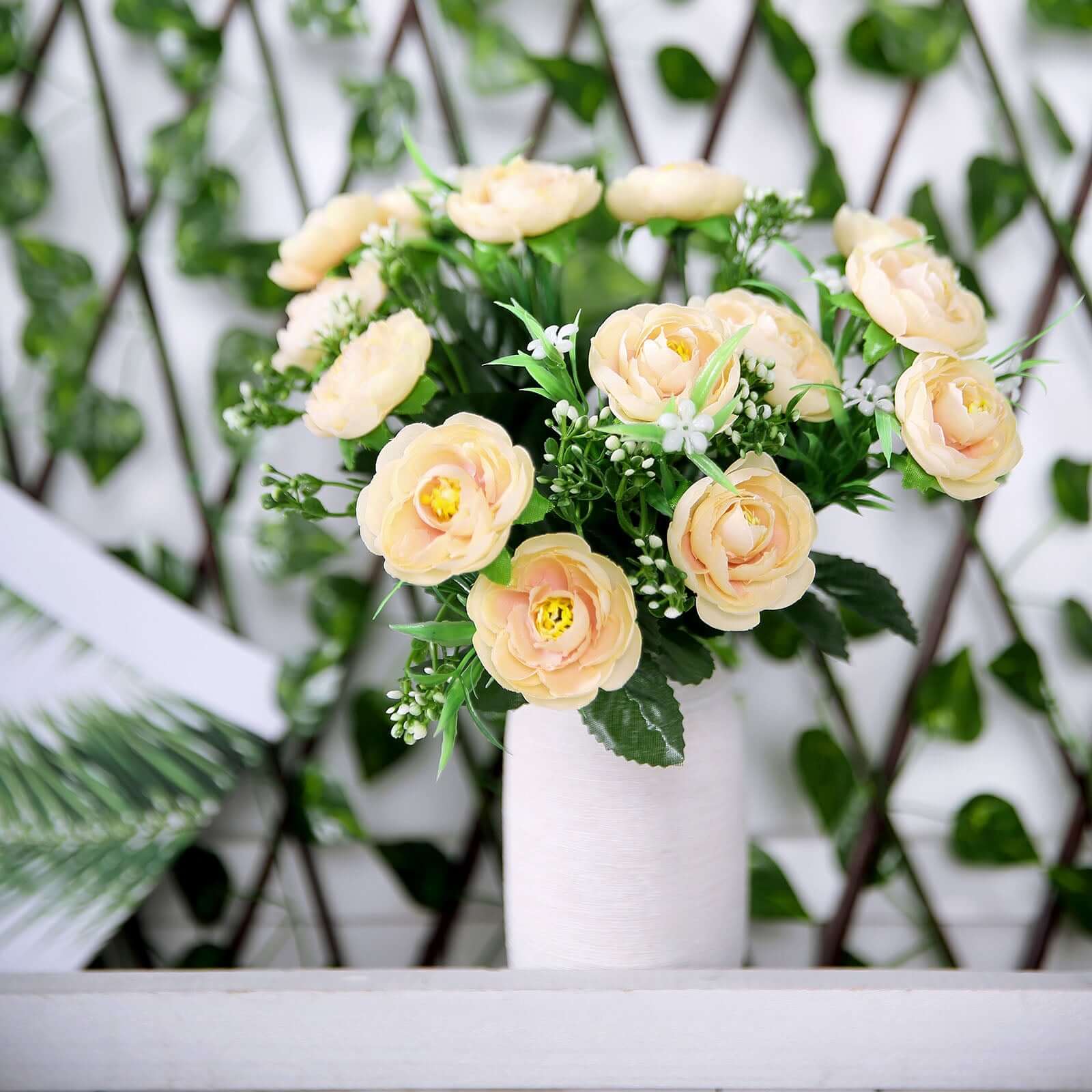 4 Bushes Cream Artificial Silk Peony Flower Bouquet Arrangement