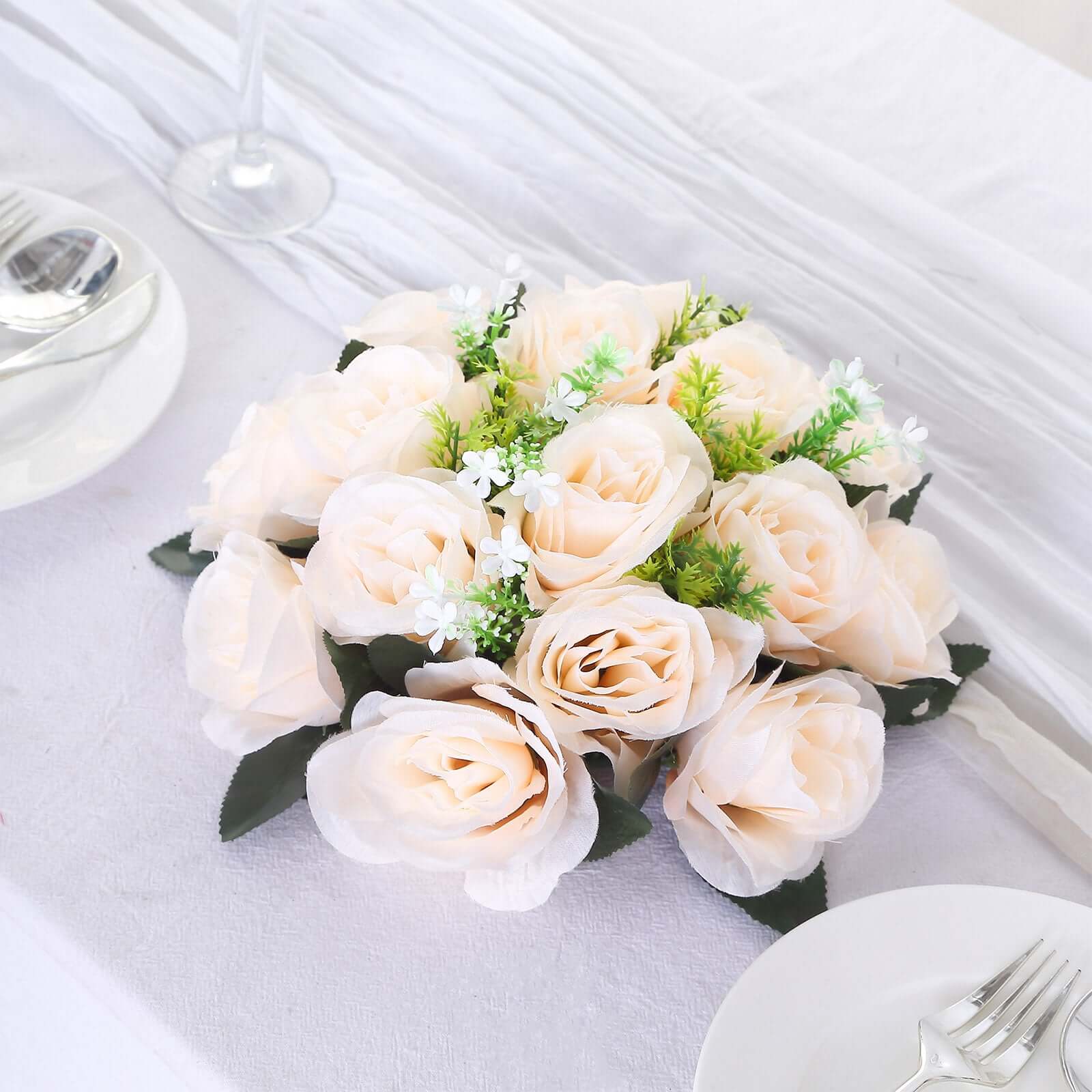 2 Pack Cream Silk 15-Head Rose Flower Balls For Centerpieces - 10", Artificial Kissing Ball Floral Arrangements