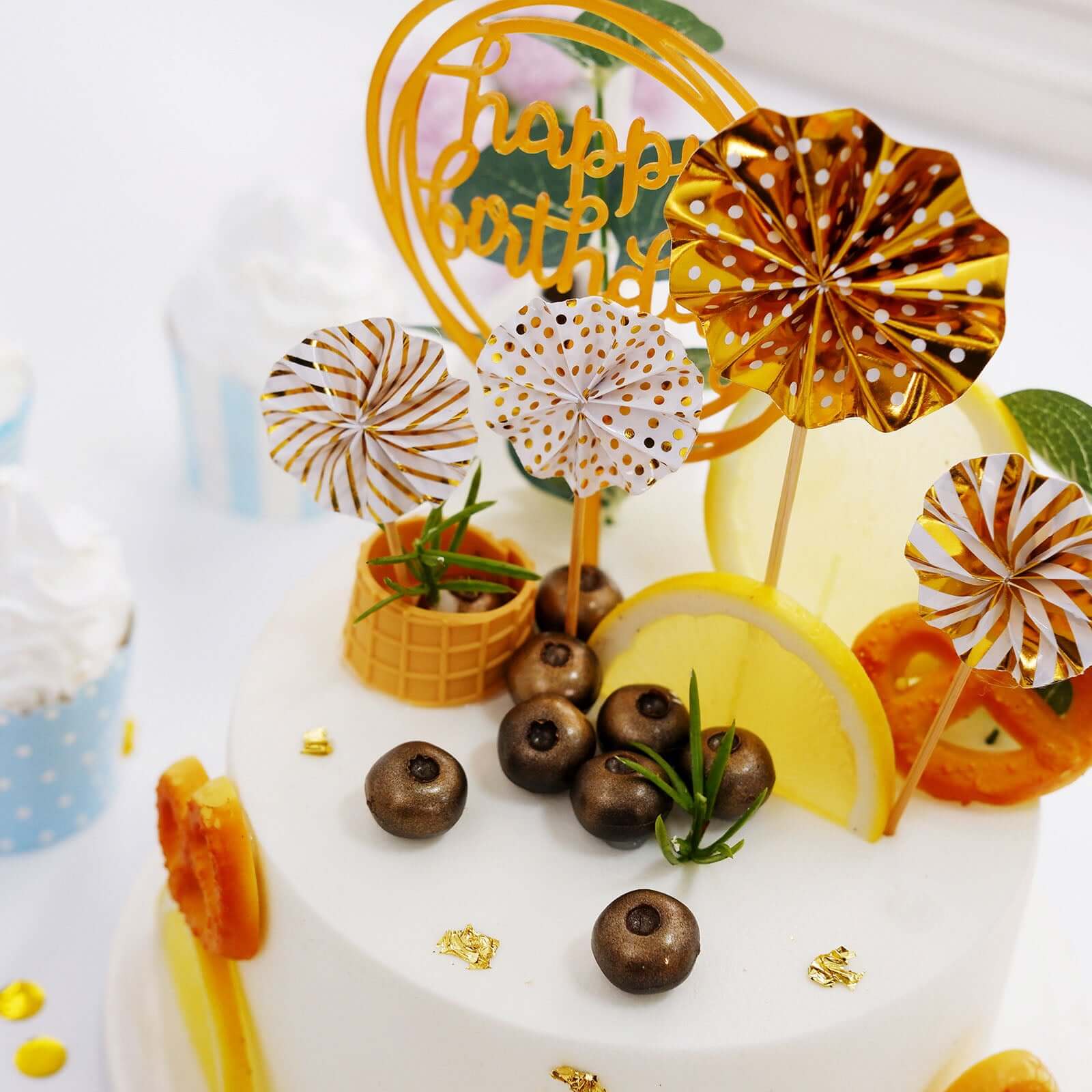 6 Pcs Happy Birthday Cake Topper Gold/White - Fun Cake Decoration with 4 Mini Paper Fans & Confetti Balloon for Themed Parties & Special Occasions