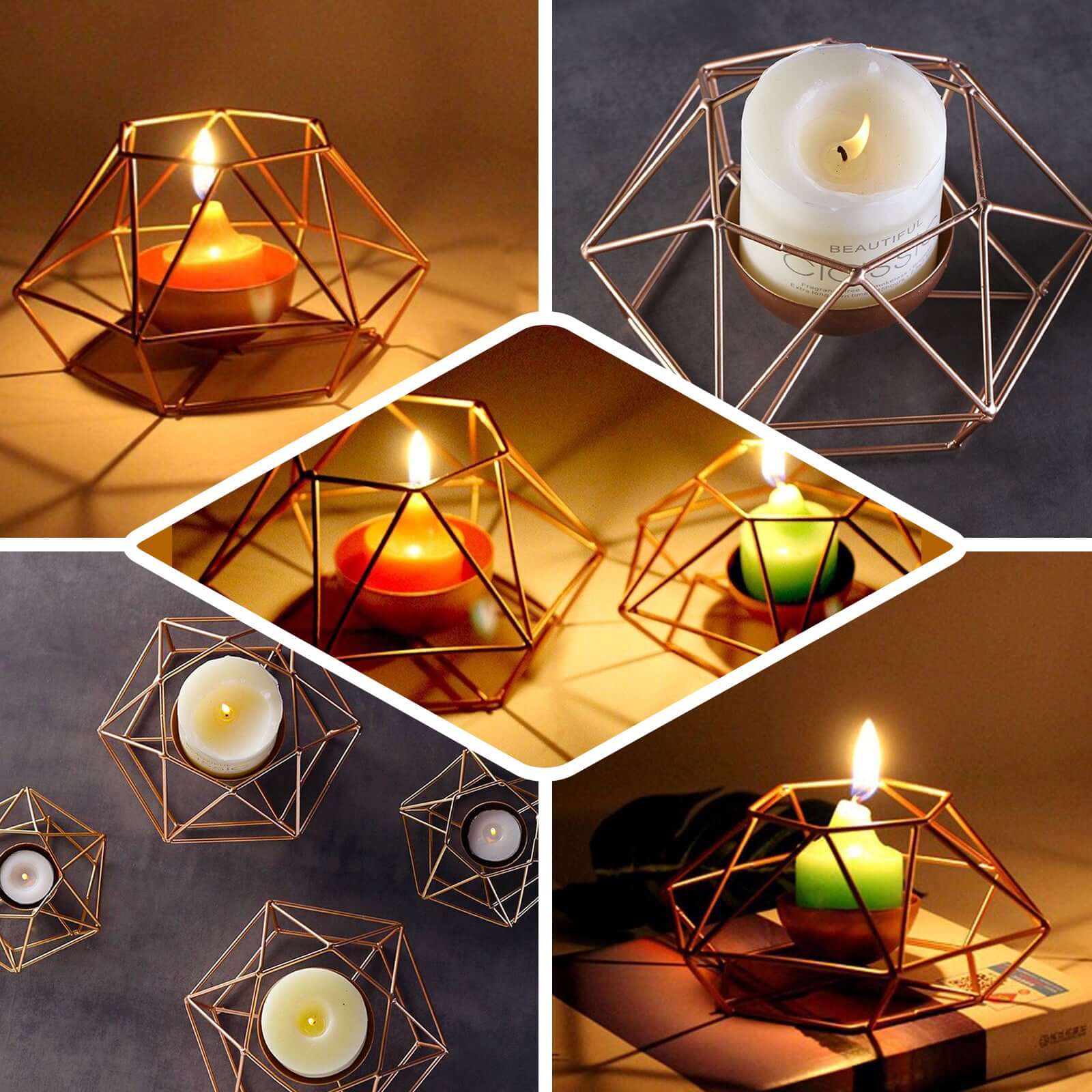 Set of 2 Candle Holders Metal Hexagon Geometric Design Gold - Modern Decorative Centerpieces for Tables 4"x3"