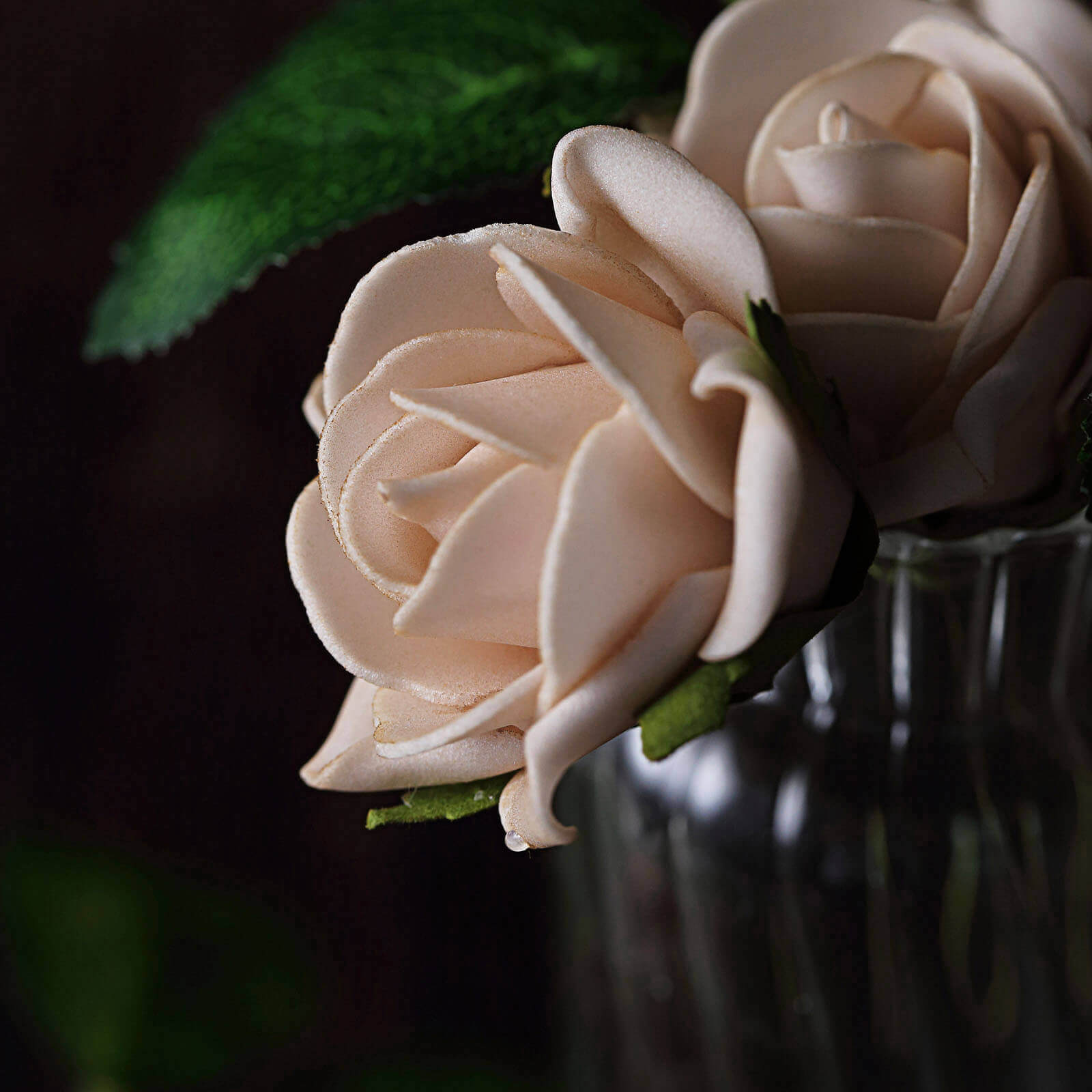 24 Roses 2" Champagne Artificial Foam Flowers With Stem Wire and Leaves