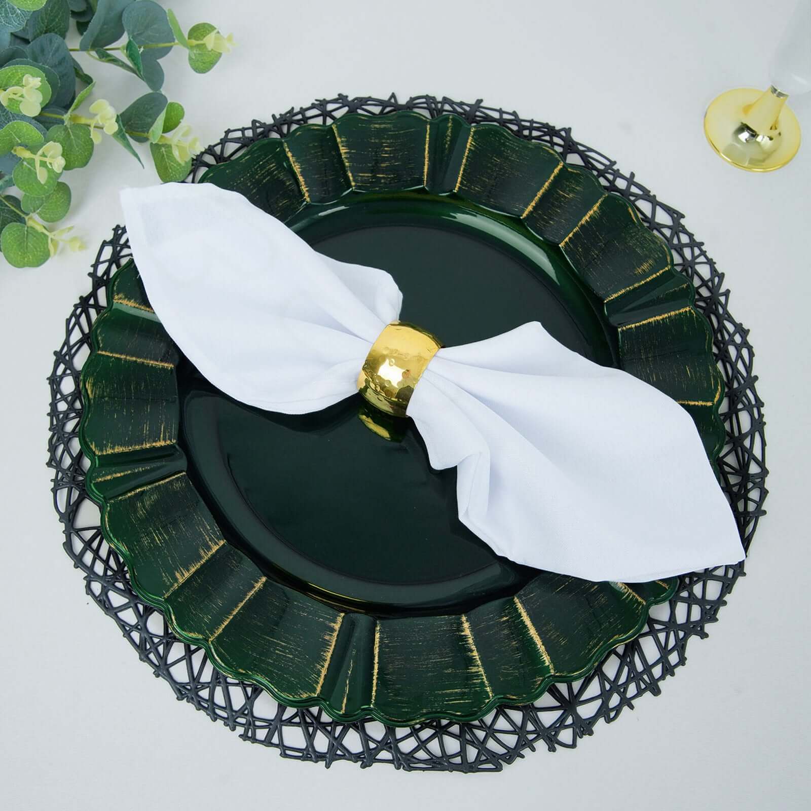 6-Pack Acrylic Plastic Round Charger Plates 13" in Hunter Emerald Green with Gold Brushed Wavy Scalloped Rim, Decorative Dinner Party Charger Tableware