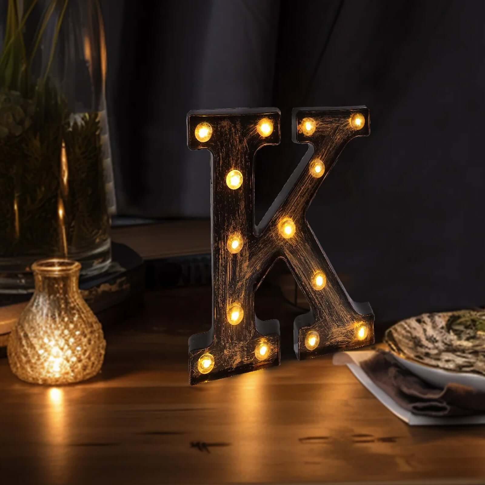 LED Marquee Letter "K" Industrial Style Antique Black - Light-Up Alphabet Sign for Weddings & Displays 9"