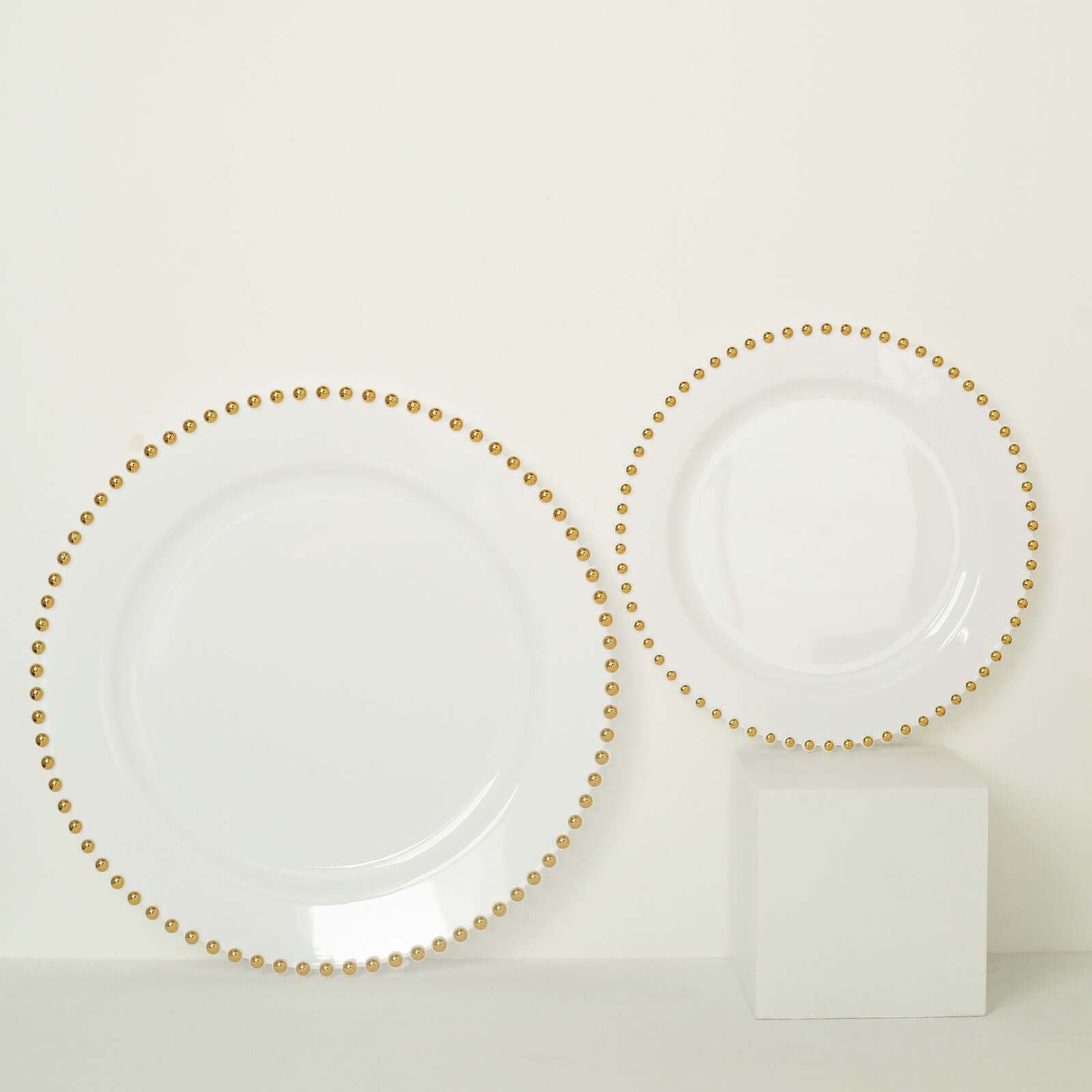 10-Pack White Plastic Dessert Plates – 8" Round with Gold Beaded Rim, Disposable for Parties & Events