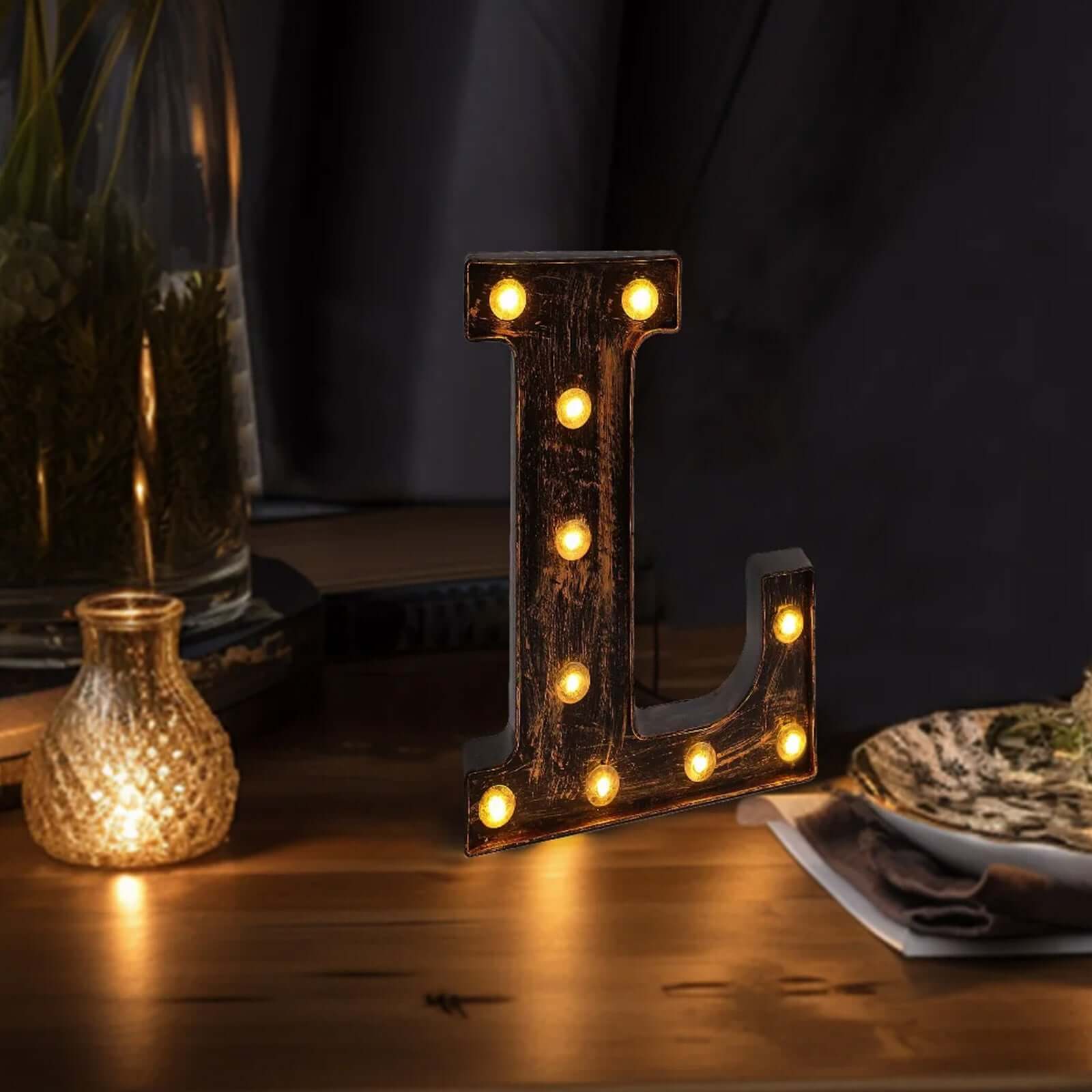 LED Marquee Letter "L" Industrial Style Antique Black - Light-Up Alphabet Sign for Weddings & Displays 9"