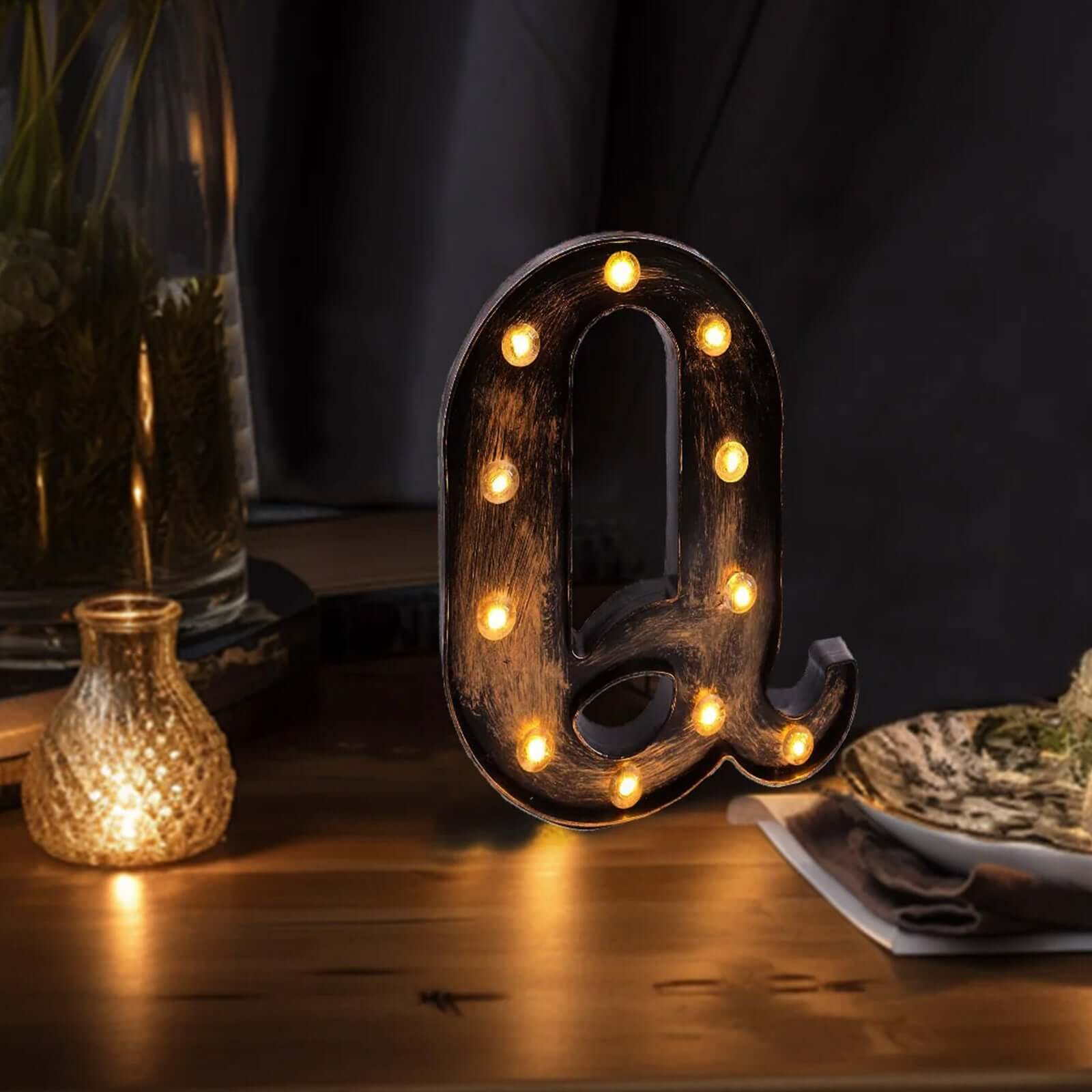 LED Marquee Letter "Q" Industrial Style Antique Black - Light-Up Alphabet Sign for Weddings & Displays 9"