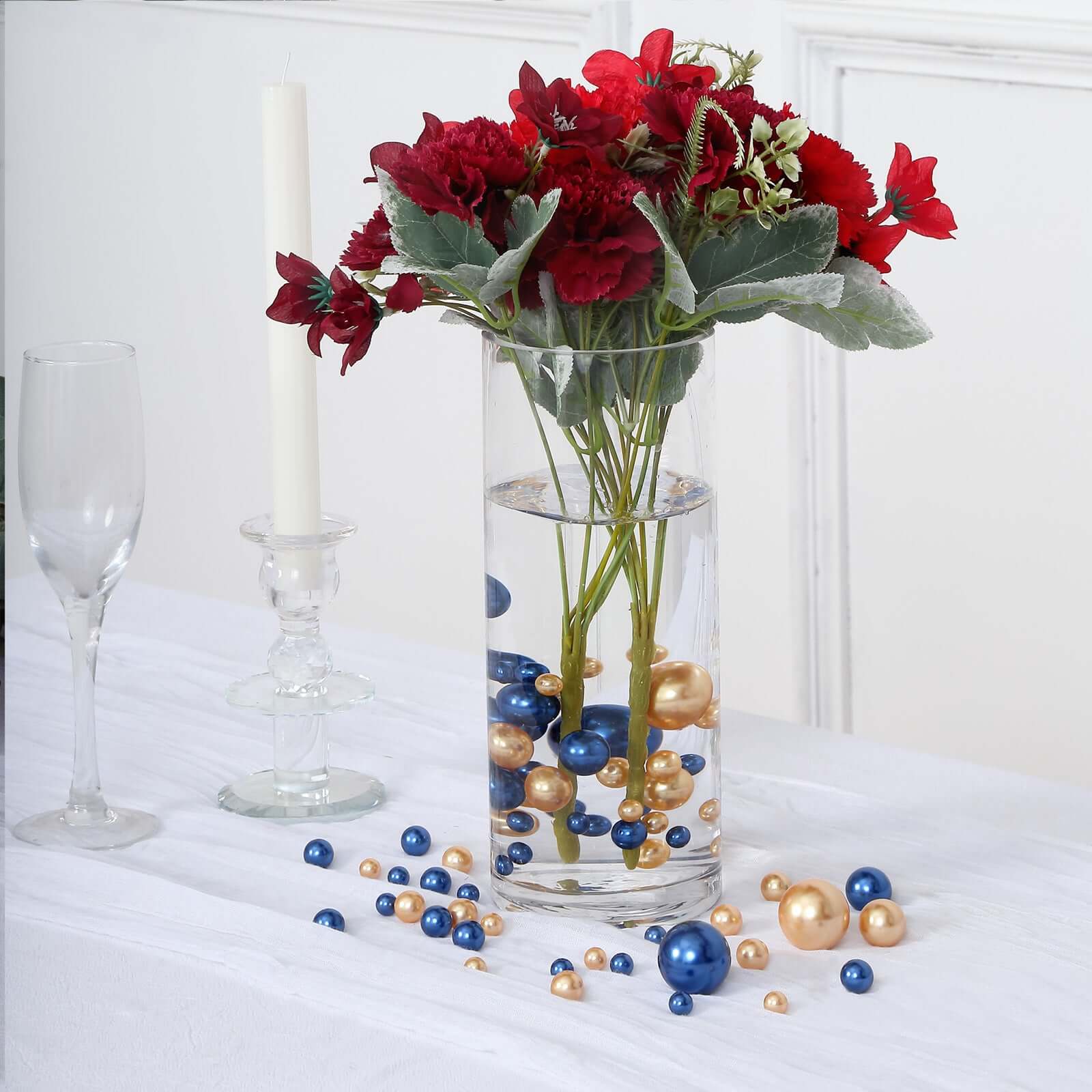 200Pcs Assorted Pearl Beads Vase Fillers in Navy Blue and Gold - Lustrous DIY Craft Bead Set