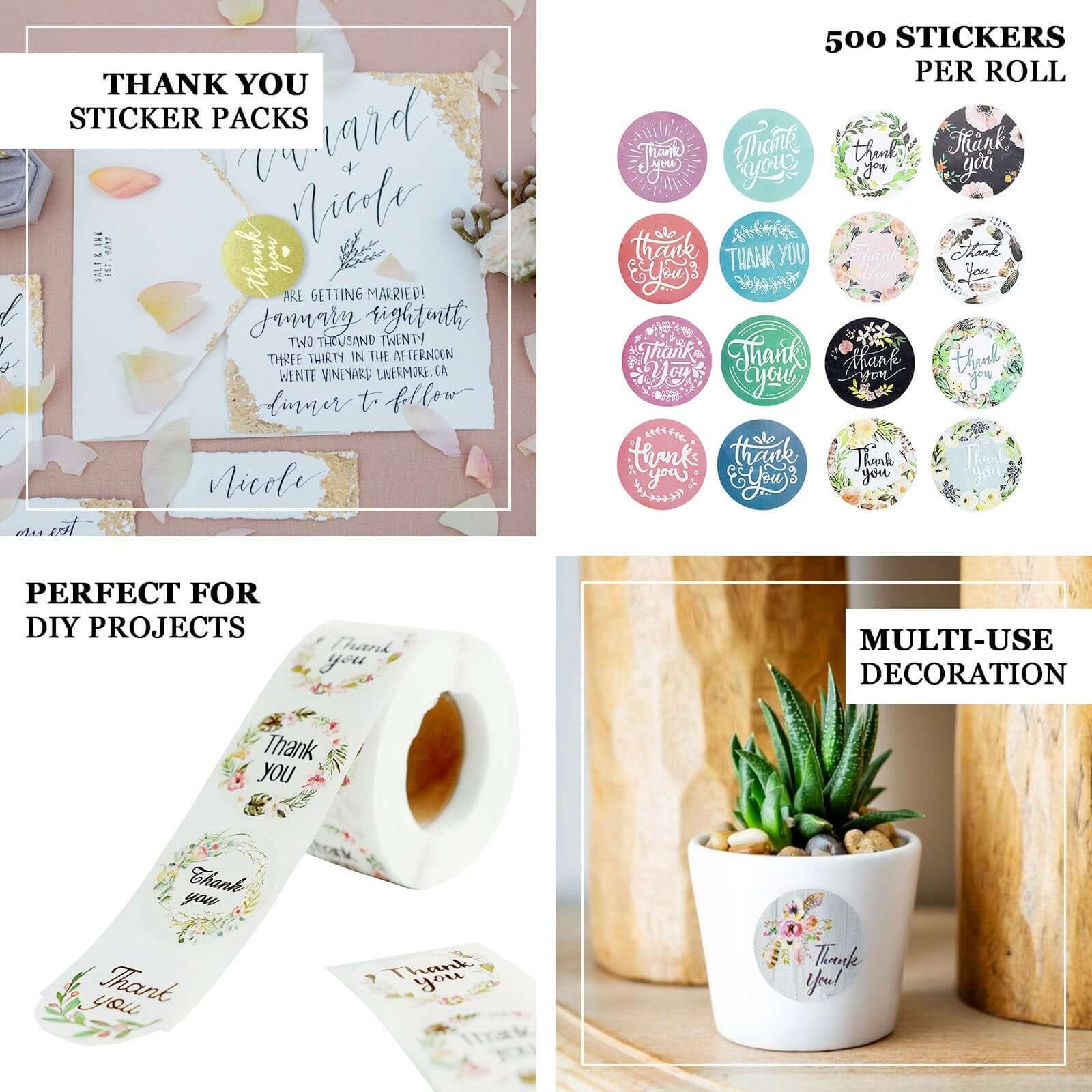 500Pcs 1.5" Thank You Themed Assorted Text Floral Stickers Roll, Labels For DIY Envelope Seal - Round