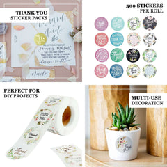 500Pcs 1.5" Thank You Themed Assorted Text Floral Stickers Roll, Labels For DIY Envelope Seal - Round