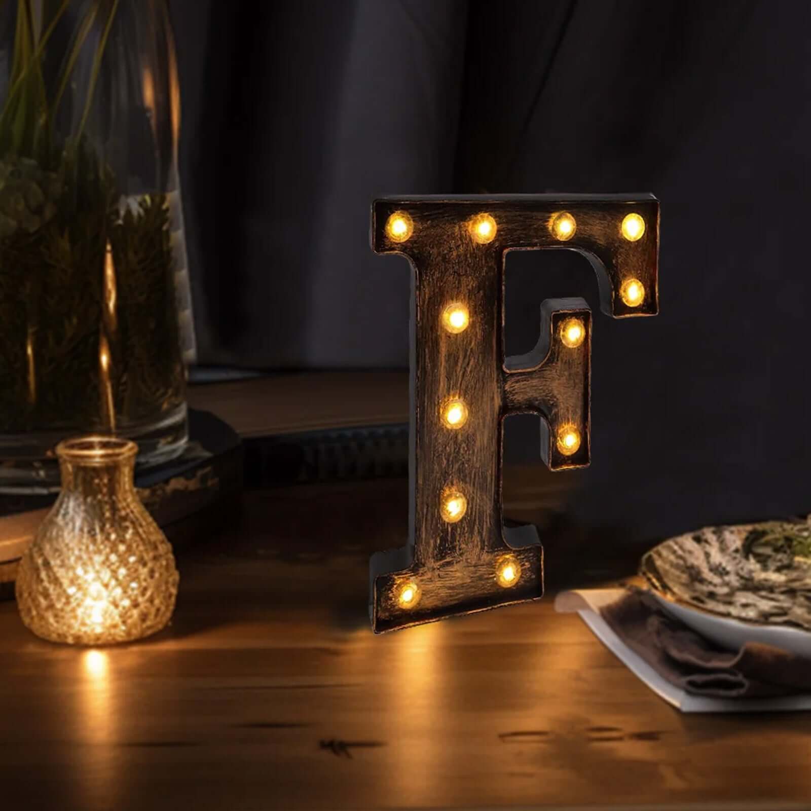 LED Marquee Letter "F" Industrial Style Antique Black - Light-Up Alphabet Sign for Weddings & Displays 9"