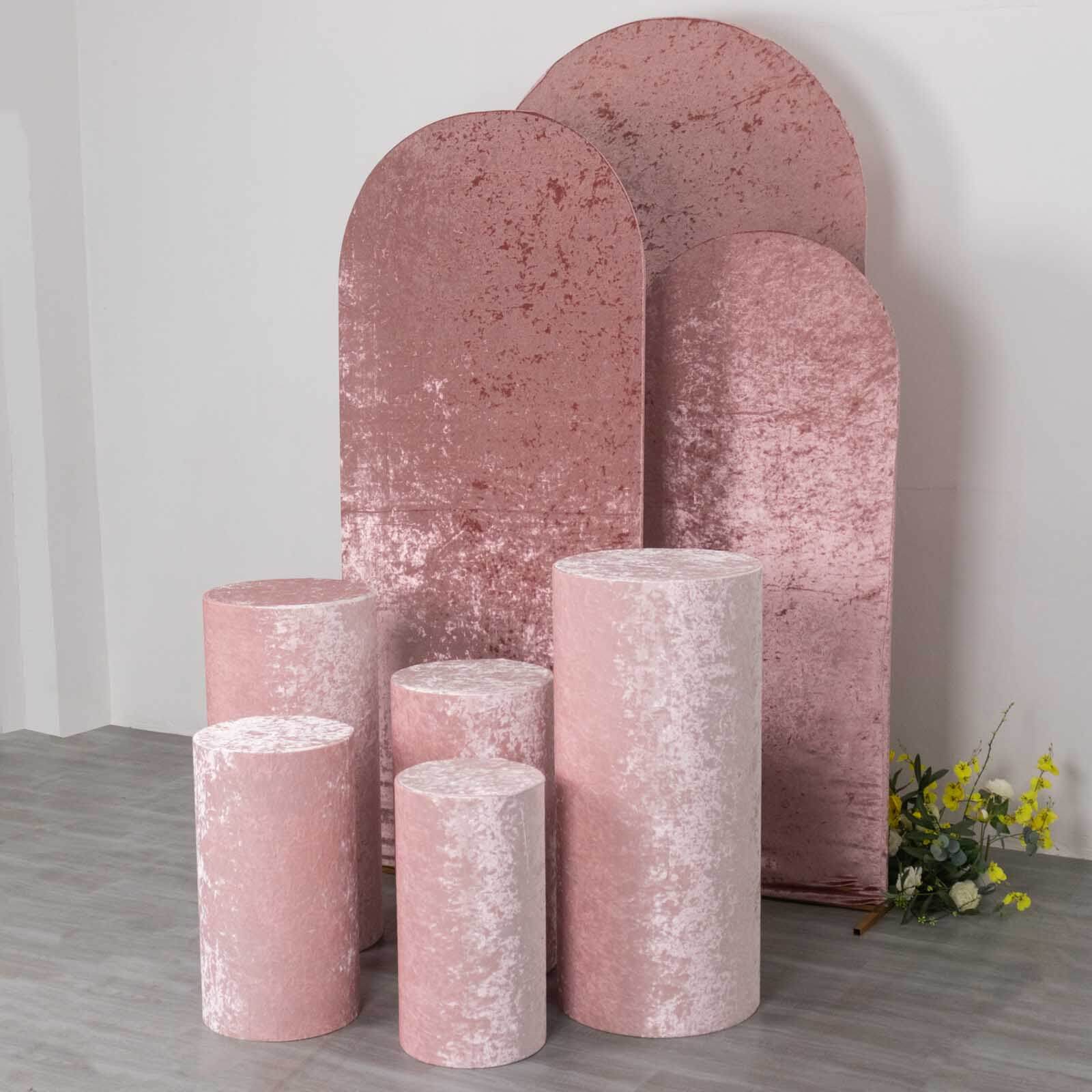 Set of 5 Blush Crushed Velvet Cylinder Pedestal Stand Covers, Premium Pillar Prop Covers