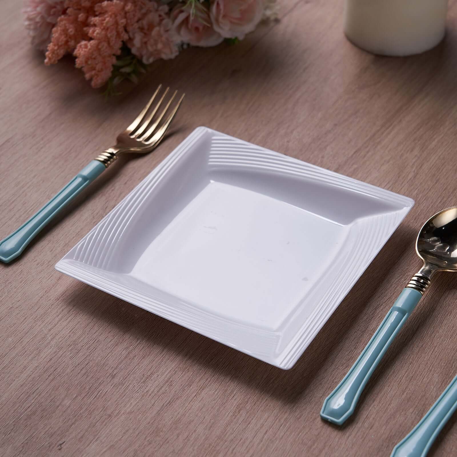 10-Pack Plastic 6" Square Dessert Plates in White with Geometric Ridge Trim - Disposable Appetizer Salad Plates for Stylish Gatherings & Celebrations