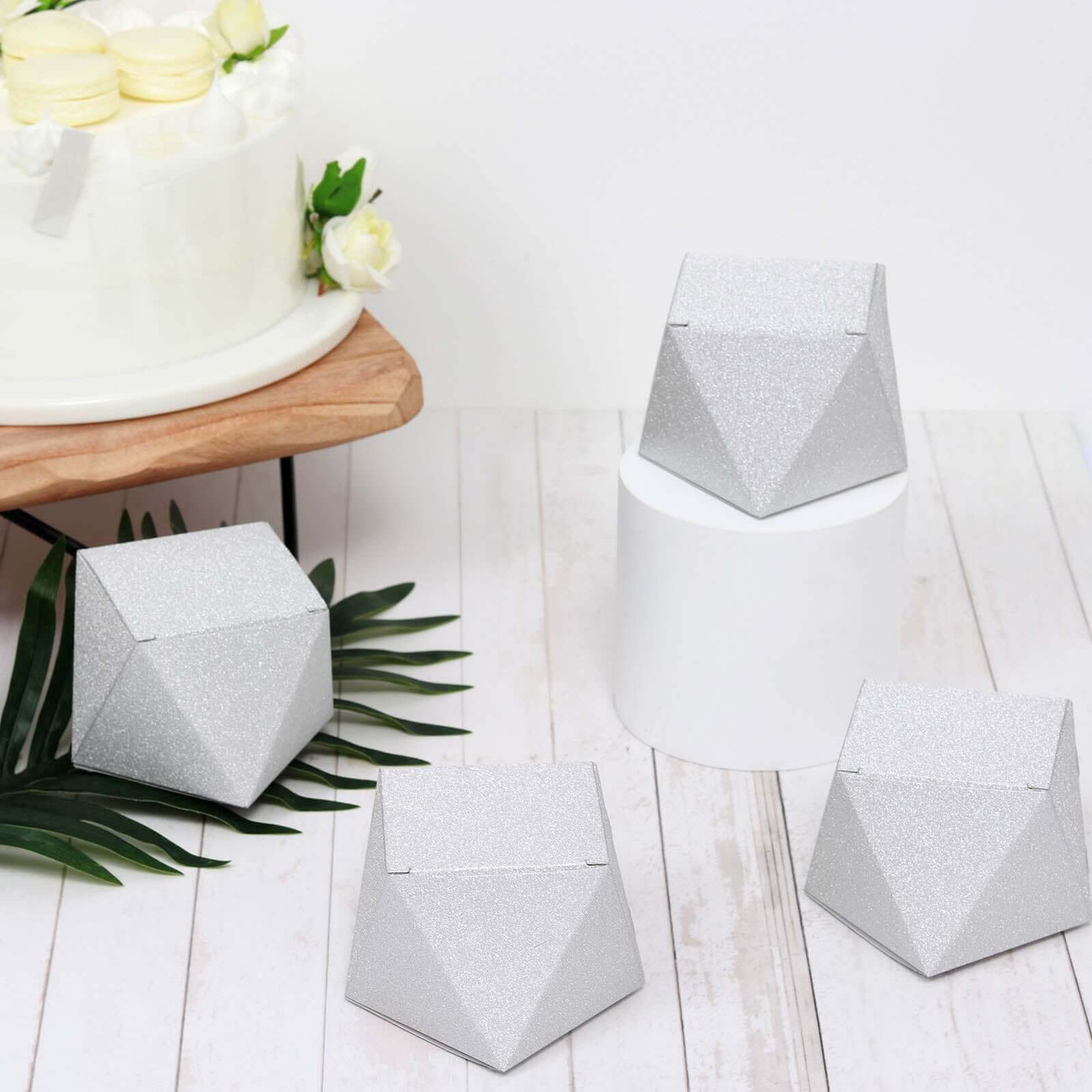 25 Pack 3"x4" DIY Silver Glittered Geometric Wedding Favor Gift Box