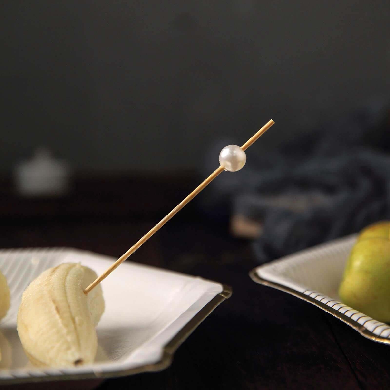 100-Pack Bamboo Cocktail Picks Natural Pearl Decorative Top Design - Eco Friendly Stir Sticks 5"