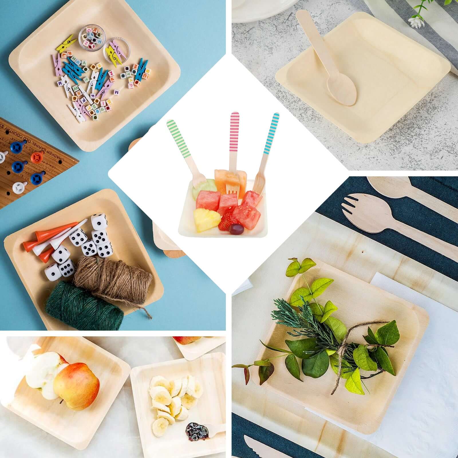 25 Pack 6" Square Eco Friendly Birchwood Wooden Dessert, Appetizer Plates