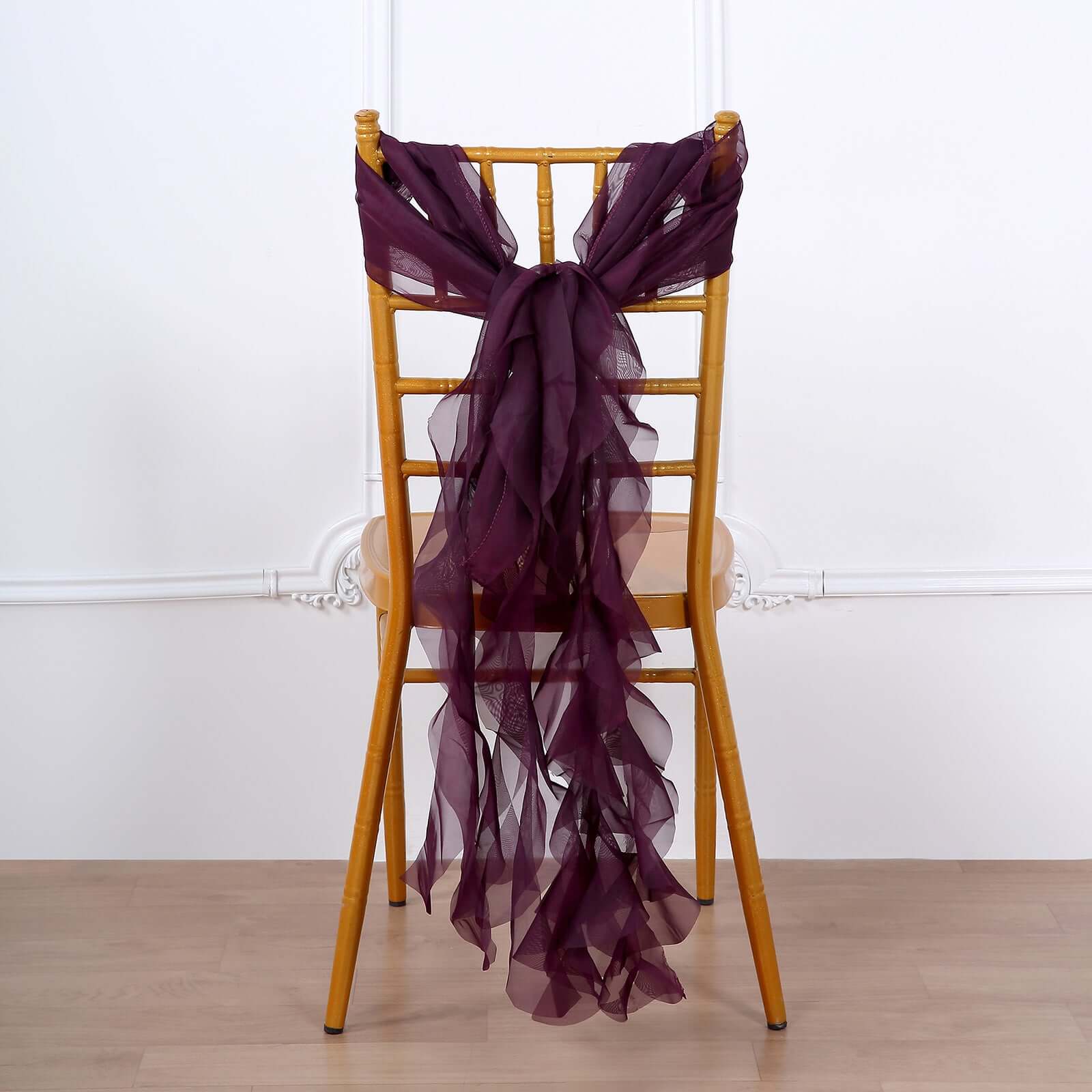 1 Set Chiffon Hoods Chair Sashes with Willow Ruffles Design Eggplant - Stylish Chair Bow Decor