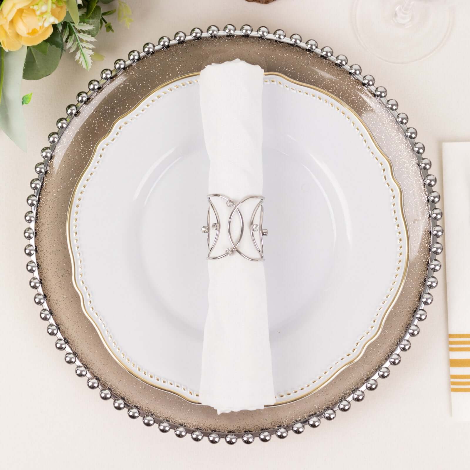 4 Pack Silver Metal Napkin Rings, Hollow Woven Style With Rhinestones, Elegant Napkin Holders