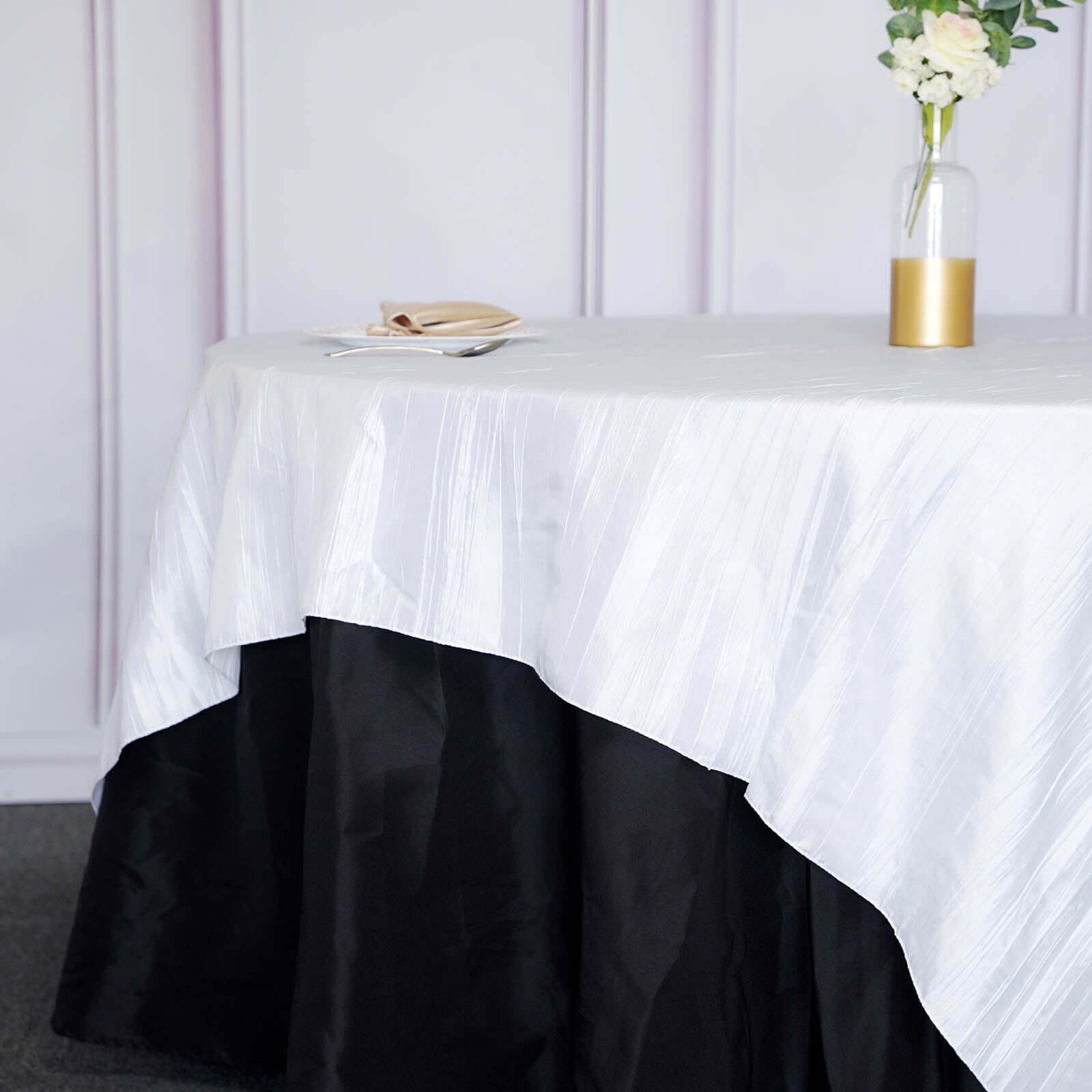 Taffeta 90"x90" Table Overlay Square Tablecloth White - Accordion Crinkle Design for Modern Celebrations