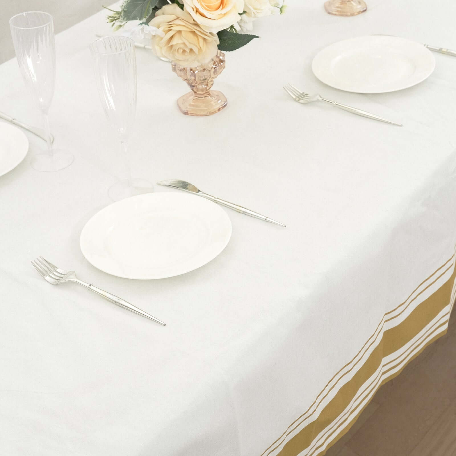 Paper Linen-Like Tablecloth Rectangle White with Gold Striped Border - Decorative Disposable Cover for Events 50"x108"