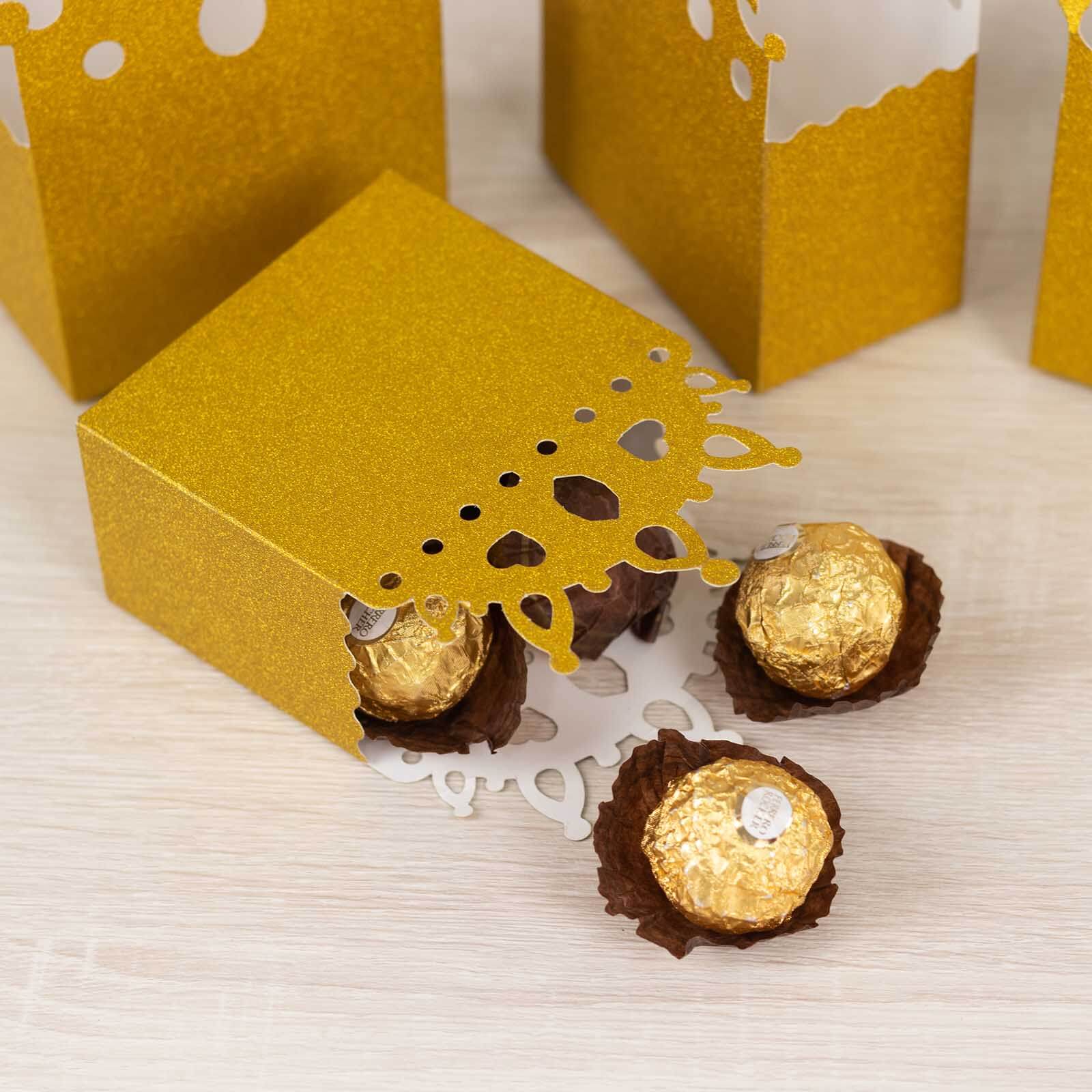 20-Pack Cardstock Favor Boxes Gold Glitter Princess Crown Design - Regal Fantasy Fairytale InspiredTreat Bags for Wedding Birthday Baby Shower Decorations 3.5"x 2"x 5"