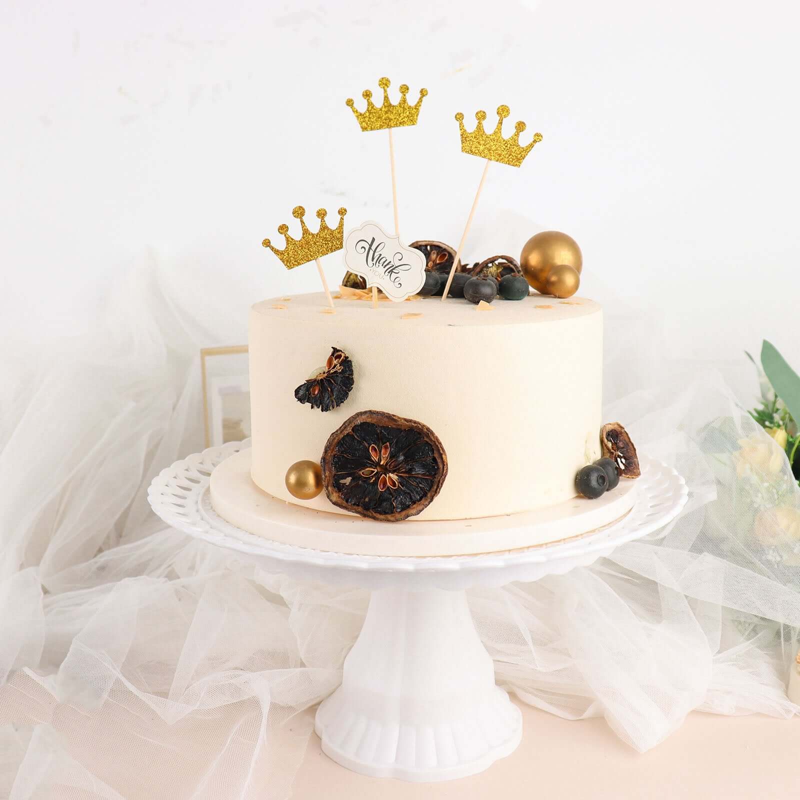 24-Pack Cupcake Topper Picks Royal Crown Design Glitter Gold - Party Cake Toppers 5"