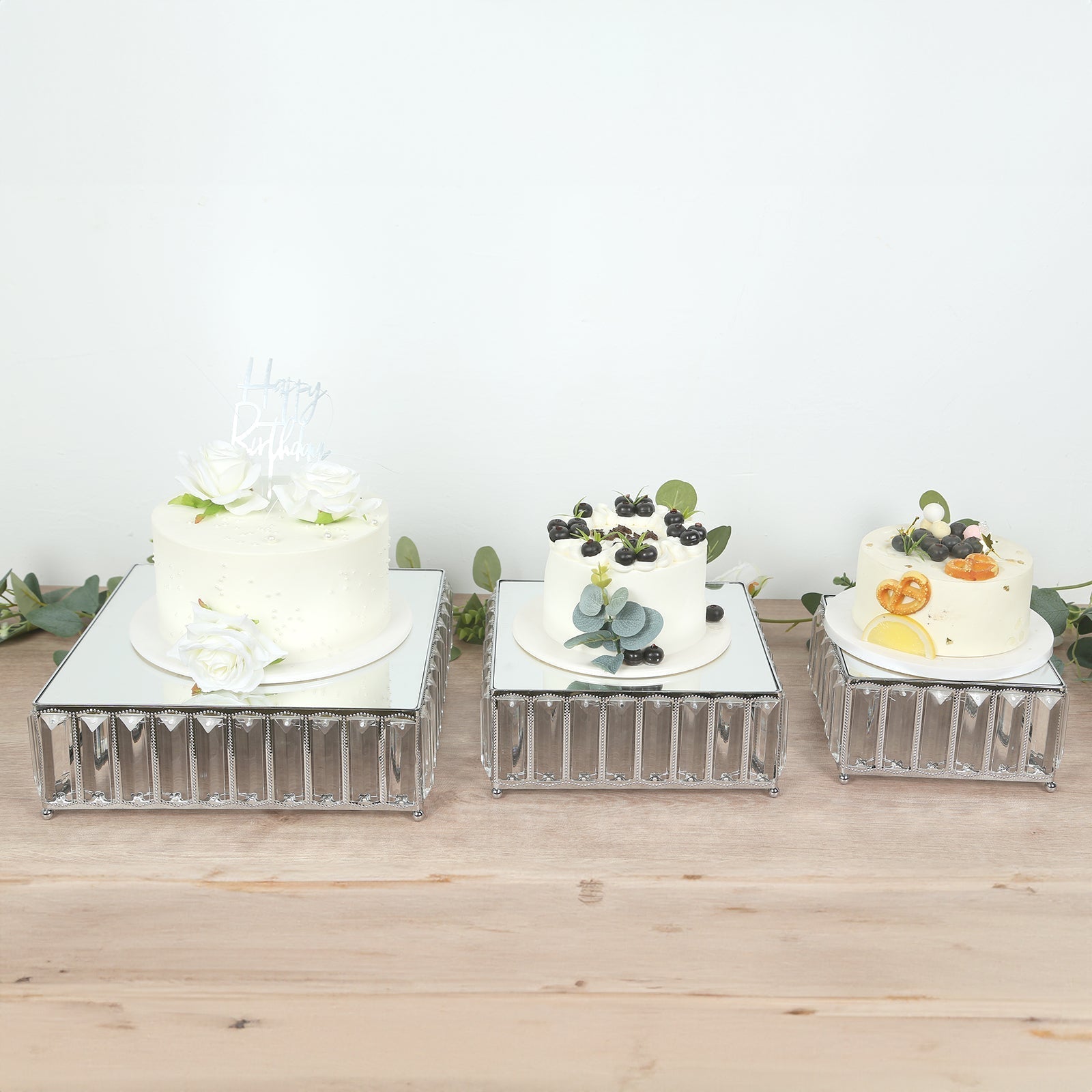 Set of 3 Silver Metal Crystal Pendant Cake Stands with Mirror Top, Stackable Square Dessert Display Trays - 7",10",12"