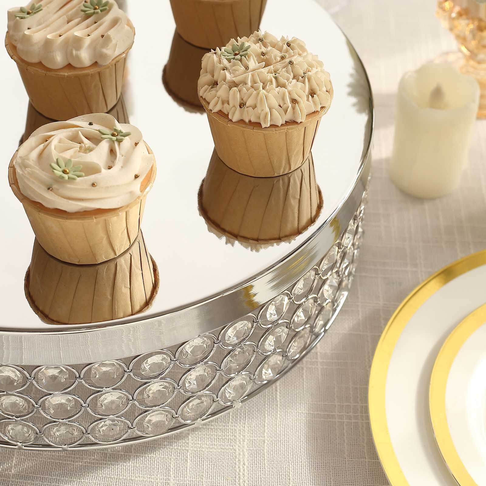 Metal Cake Stand Pedestal Crystal Beaded Design Silver - Cupcake Display and Dessert Riser 16"