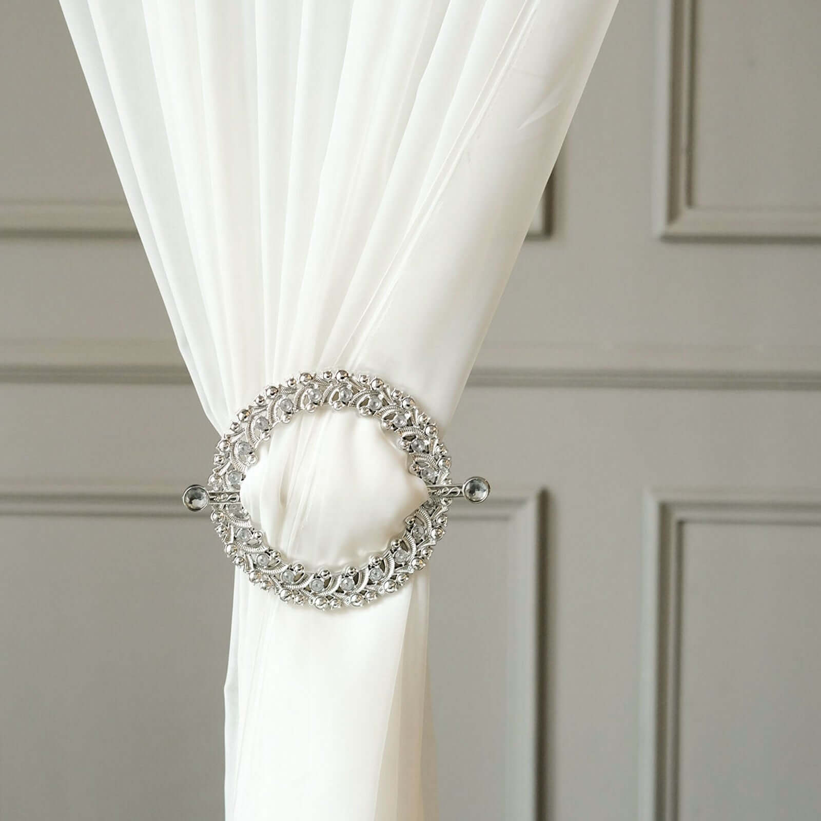 2 Pack 7" Silver Barrette Style Acrylic Crystal Curtain Tie Backs, Round Backdrop Drapery Brooch Holdbacks