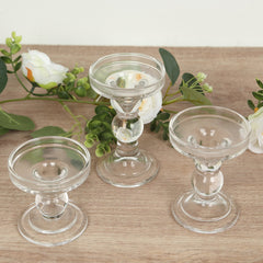 Set of 3 Glass Pillar Candle Holders Clear with Round Tray - Crystal Ball Stem Taper Candlestick Tea Light Stands 3.5", 4.5", 5.5"