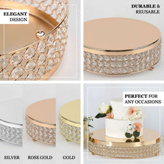 Metal Cake Stand Pedestal Crystal Beaded Design Rose Gold - Cupcake Display and Dessert Riser 13"