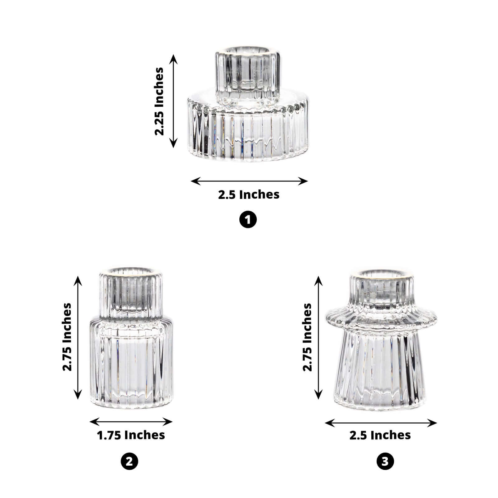 Set of 6 Glass Taper Candle Holders Ribbed Crystal Design with Gold Rim Clear - Reversible Mini Votive Tealight Stands 3"