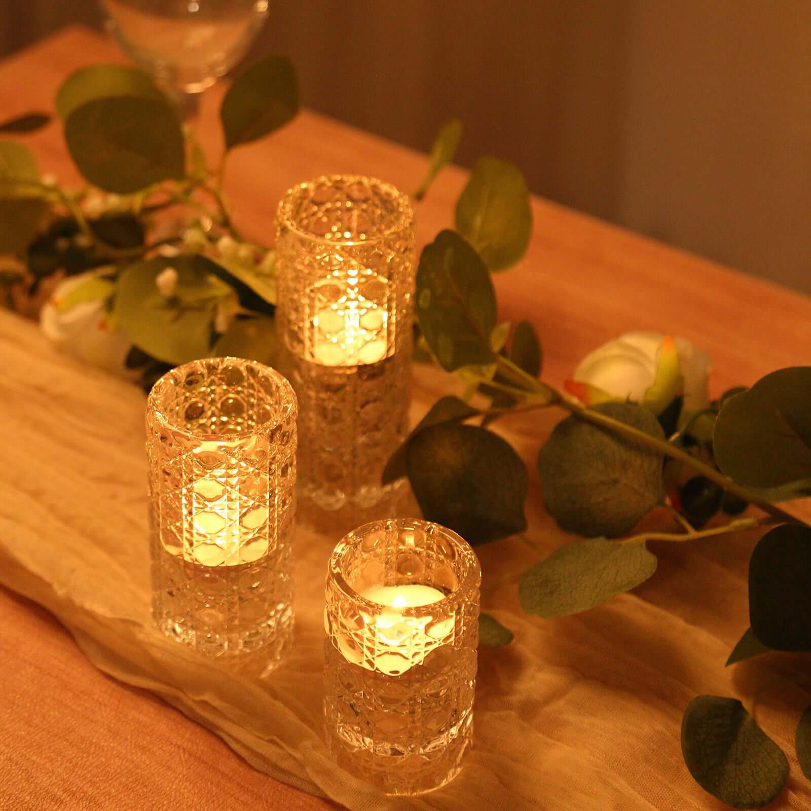 Set of 3 Glass Taper Candle Holders Clear with Gemstone Pattern - Dual Sided Crystal Cylinder Tealight Stands 3", 4", 5.5"