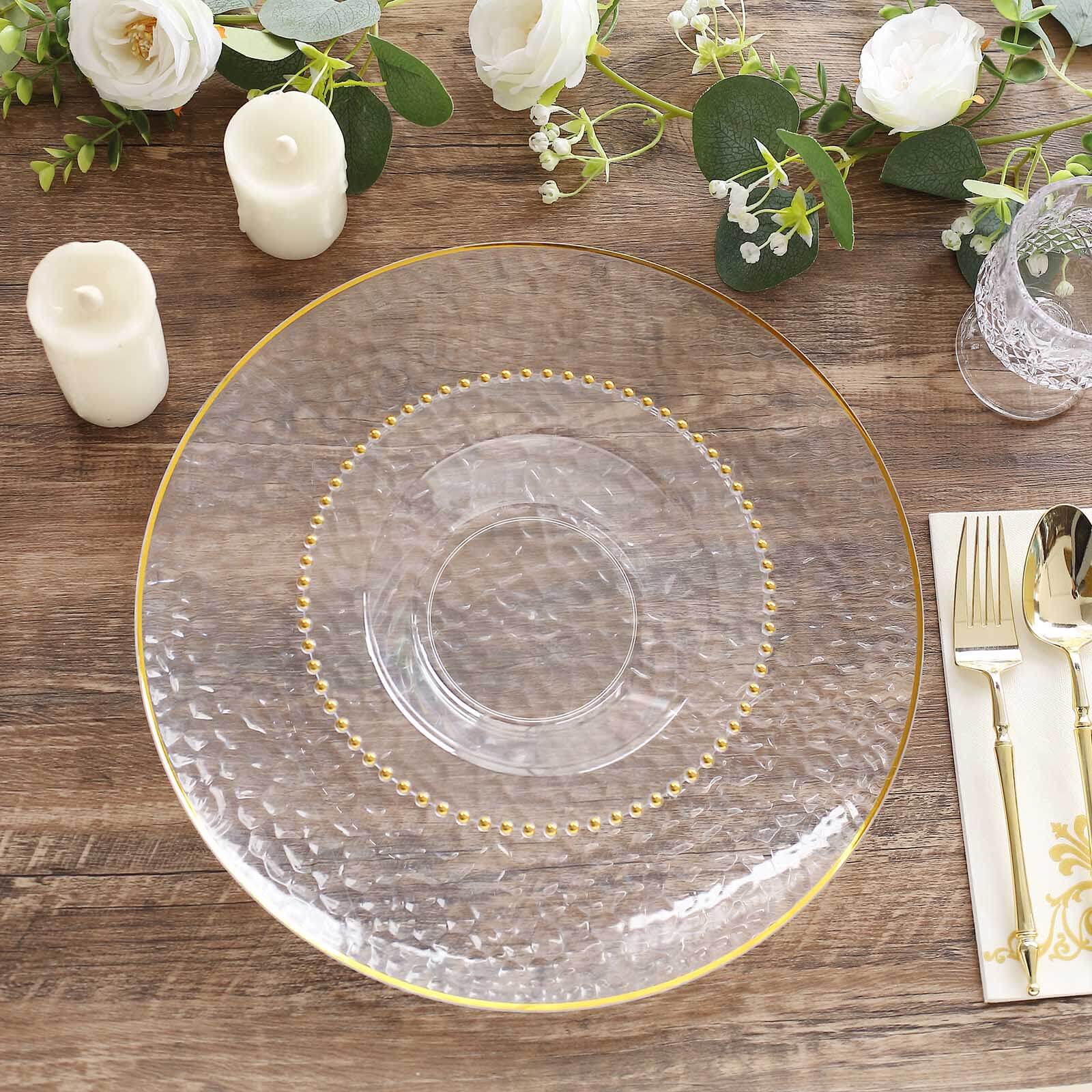 10-Pack Plastic Dessert Salad Bowls Clear Round Design with Gold Beaded Rim - Disposable Soup Bowls 12oz