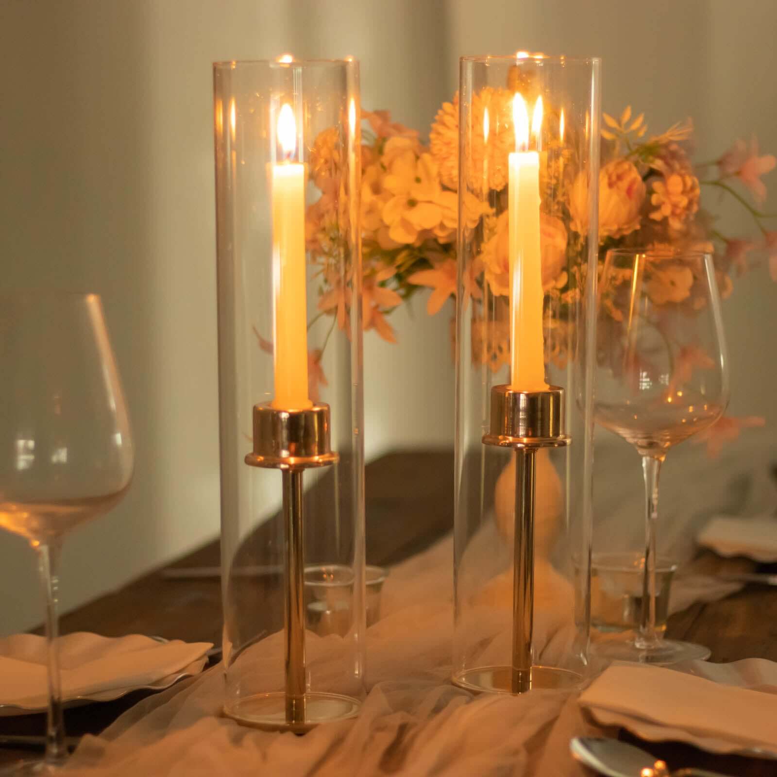 2-Pack Clear Glass Candelabra Shades Open End Hurricane Design - Stylish Table Centerpiece 18"