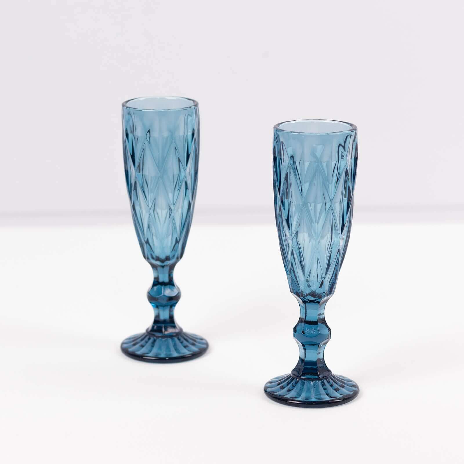 6-Pack Champagne Flute Glasses Transparent Ocean Blue Textured Crystal Cut Design - Chic Wine Goblets for Parties & Events 6oz 8"