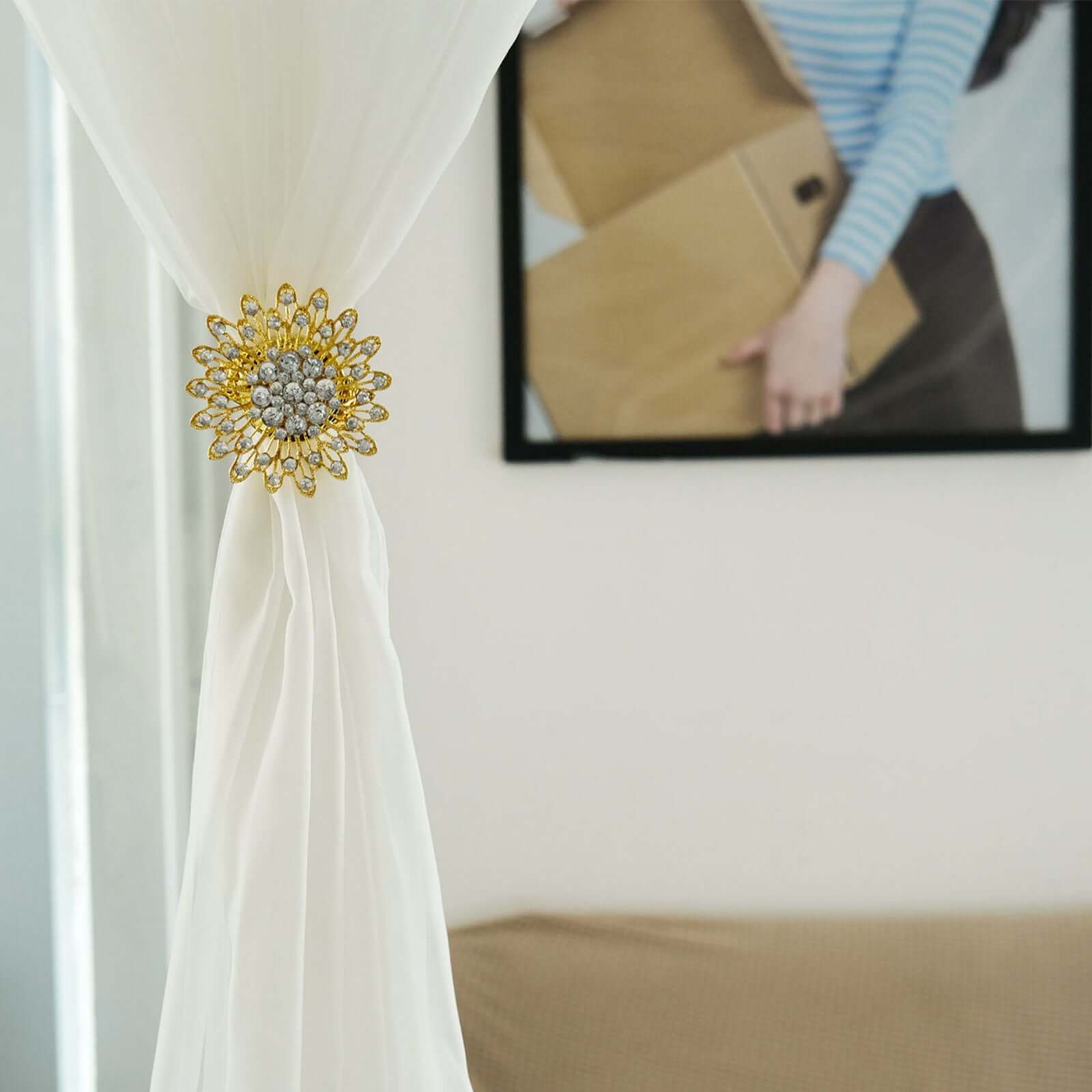 2 Pack 4" Gold Crystal Flower Magnetic Curtain Tie Backs, Backdrop Drapery Panel Buckle Clips