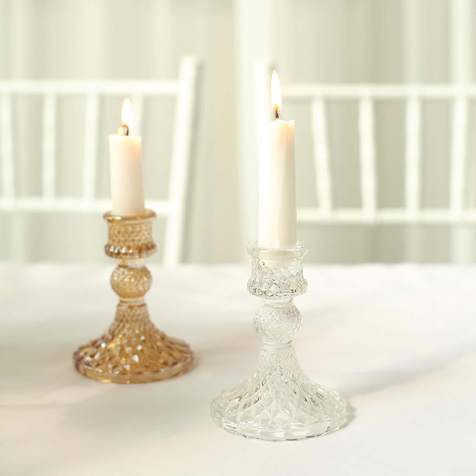 6-Pack Glass Taper Candlestick Holders Diamond Pattern Design Clear - Reversible Crystal Pillar Votive Stands 4"