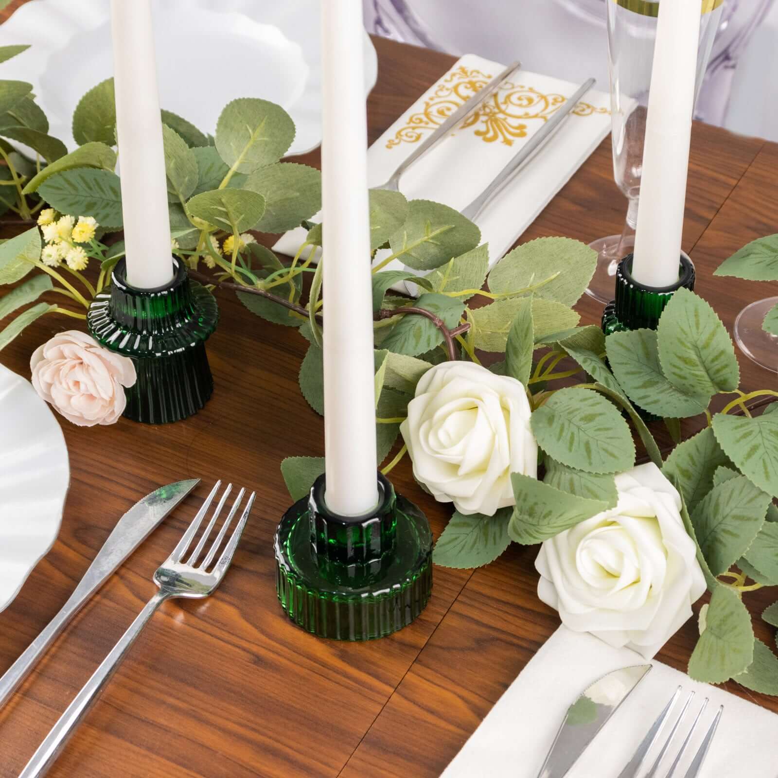 Set of 6 Glass Taper Candle Holders Ribbed Crystal Design Hunter Emerald Green - Reversible Mini Votive Tealight Stands 3"