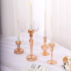 Set of 4 Glass Taper Votive Candle Holders Lined Crystal Design Assorted Amber Gold - Tea Light Stand Set 4", 5.5", 6", 9"