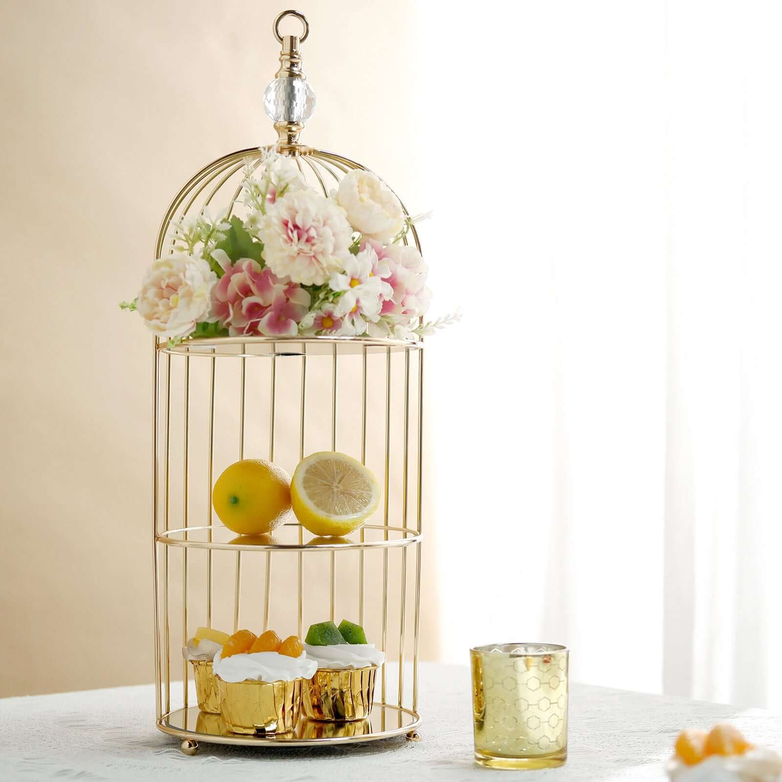 3-Tier Cupcake Cake Stand Bird Cage Design with Crystal Top Mirror Base - Serving Tray with Hanging Option 22"