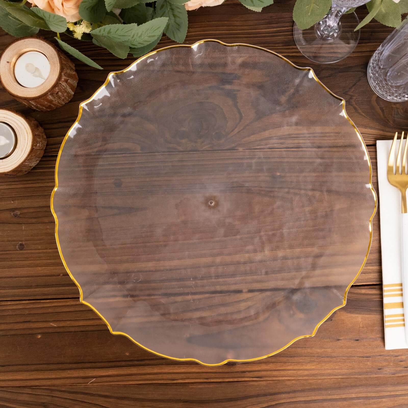 18 Pack Economy Plastic Round Charger Plates 13" in Clear Sunflower Design with Gold Scalloped Rim - Table Setting Plates