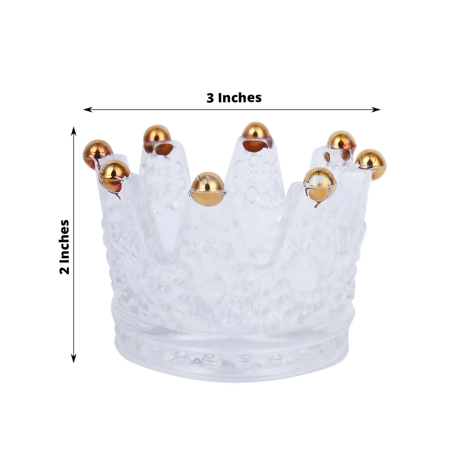 6-Pack Glass Crown Votive Candle Holders Clear Crystal Design with Gold Beaded Tips - Tea Light Holders 3"x2"