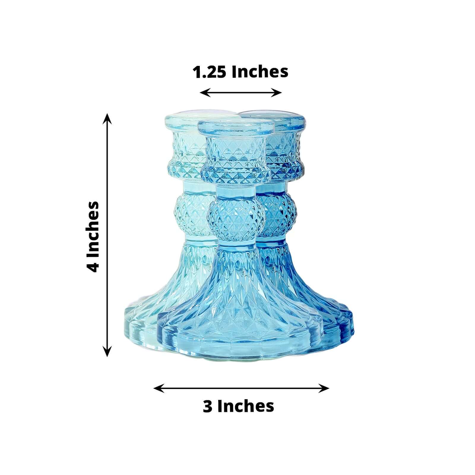 6-Pack Glass Taper Candlestick Holders Diamond Pattern Design Assorted Blue - Reversible Crystal Pillar Votive Stands 4"